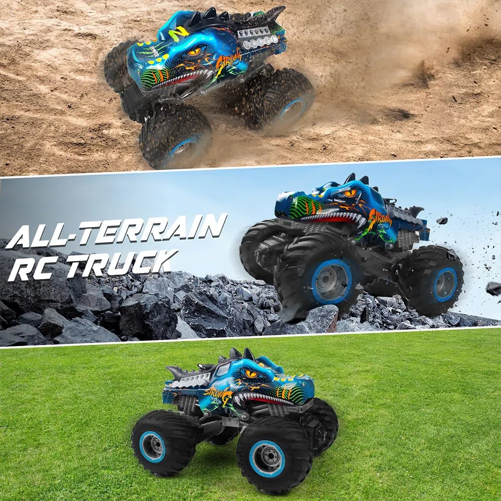 Voiture Telecommandé 1:16 RC Dinosaures Monster Truck 2.4GHz 20 Km/h Voiture Radiocommandée Tout Terrain Brume de Pulvérisation Musique Lumières LED Cadeau Les Enfants de 4 5 6 8 Ans Rouge