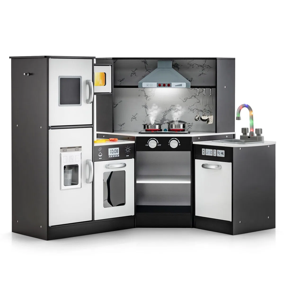 GOPLUS Cuisine en Bois Enfant, Cuisine d'angle avec Tableau Noir, Hotte, Micro-Ondes, Four, Effets Lumineux et Sonores, Accessoires Riches, Jouet d'Imitation pour Enfant 3+ Ans (Café)