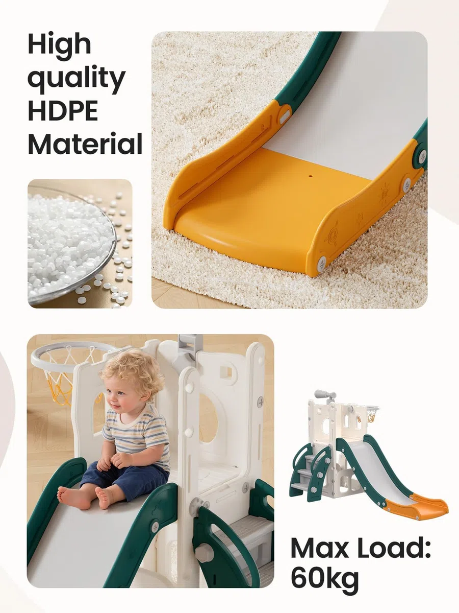 Toboggan pour Enfants avec Panier de Basket, Ballon & Télescope Jouet, Aire de Jeu Intérieure et Extérieure pour Tout-Petits et Préscolaires(Vert)