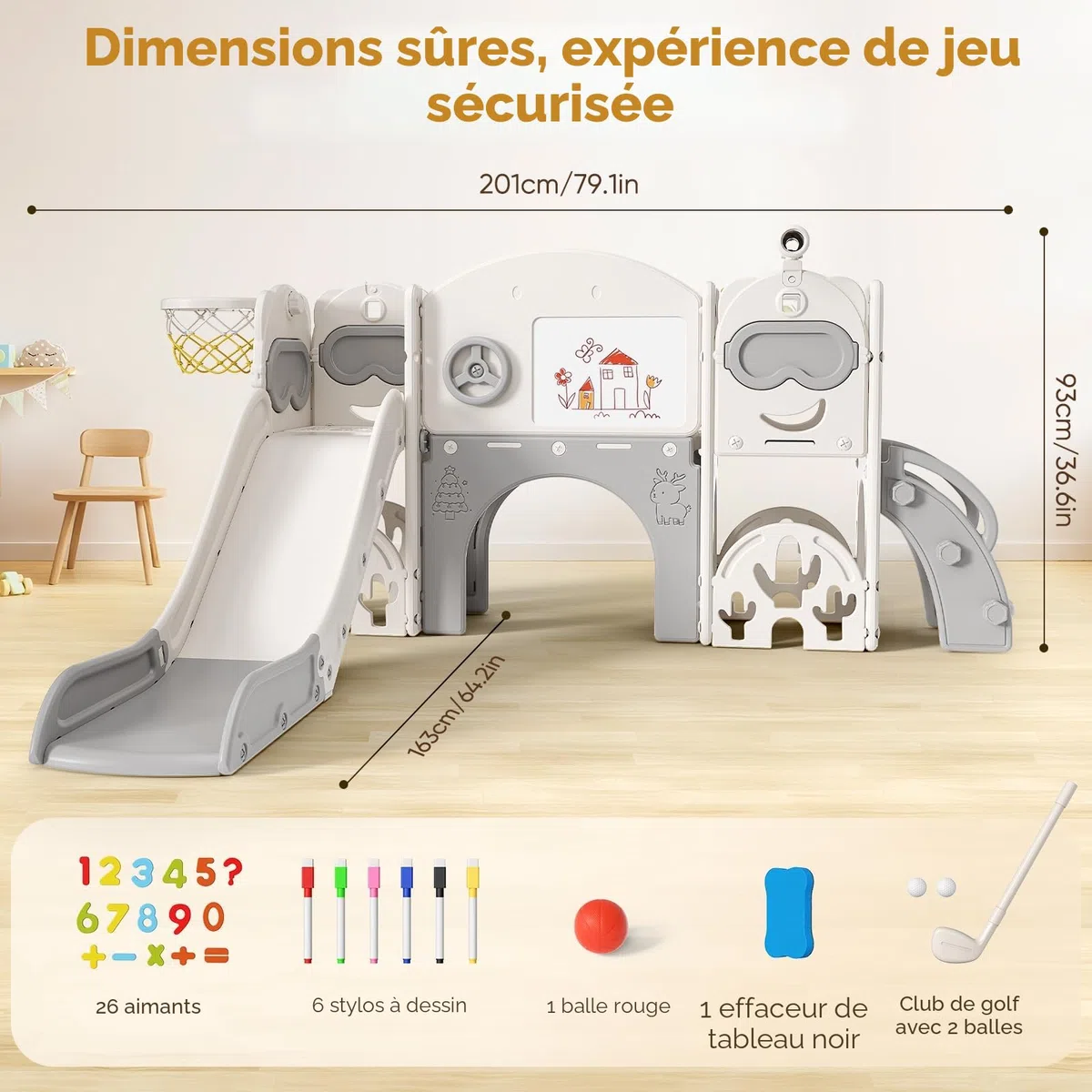 Toboggan 11 en 1 pour tout-petits, toboggan d'intérieur et d'extérieur avec panier de basket, golf, jumelles et espace de rangement, échafaudage sport autoportant pour enfants de 1 à 6 ans (toboggy