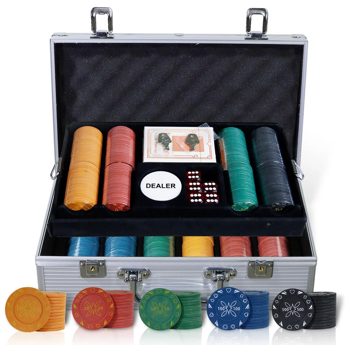 Jeu de Jetons de Poker, 300/500 Jetons de Poker de Casino avec Boîtier en Aluminium, Cartes à Jouer, 5 dés, 3 Dealer