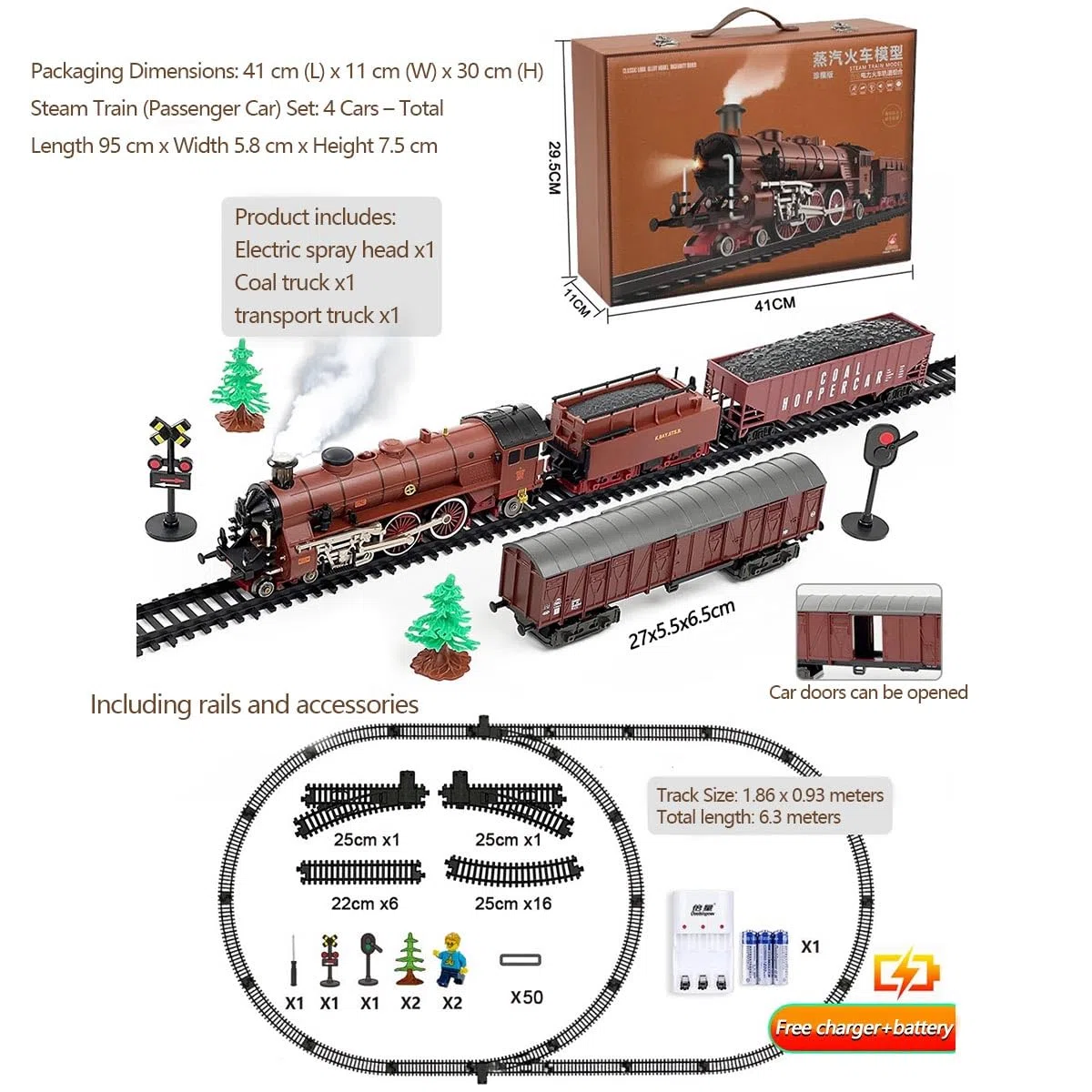 Ensemble de train électrique, modèle de locomotive en alliage avec wagon et longue voie, sifflet/contrôle de la fumée, cadeau amusant pour adolescents et adultes (modèle 22918/rouge)