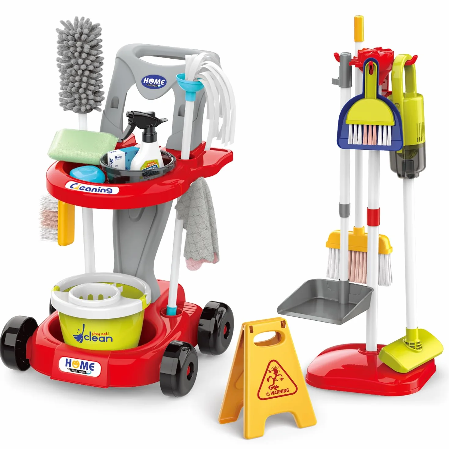 Trousse de Nettoyage pour Enfants, Chariot Menage Enfant, Aspirateur Enfant Jouet, pour Les Tout Petits avec Balai Vadrouille Plumeau Pelle Brosses Chiffon,Jouets De Nettoyage Cadeau (Rouge)