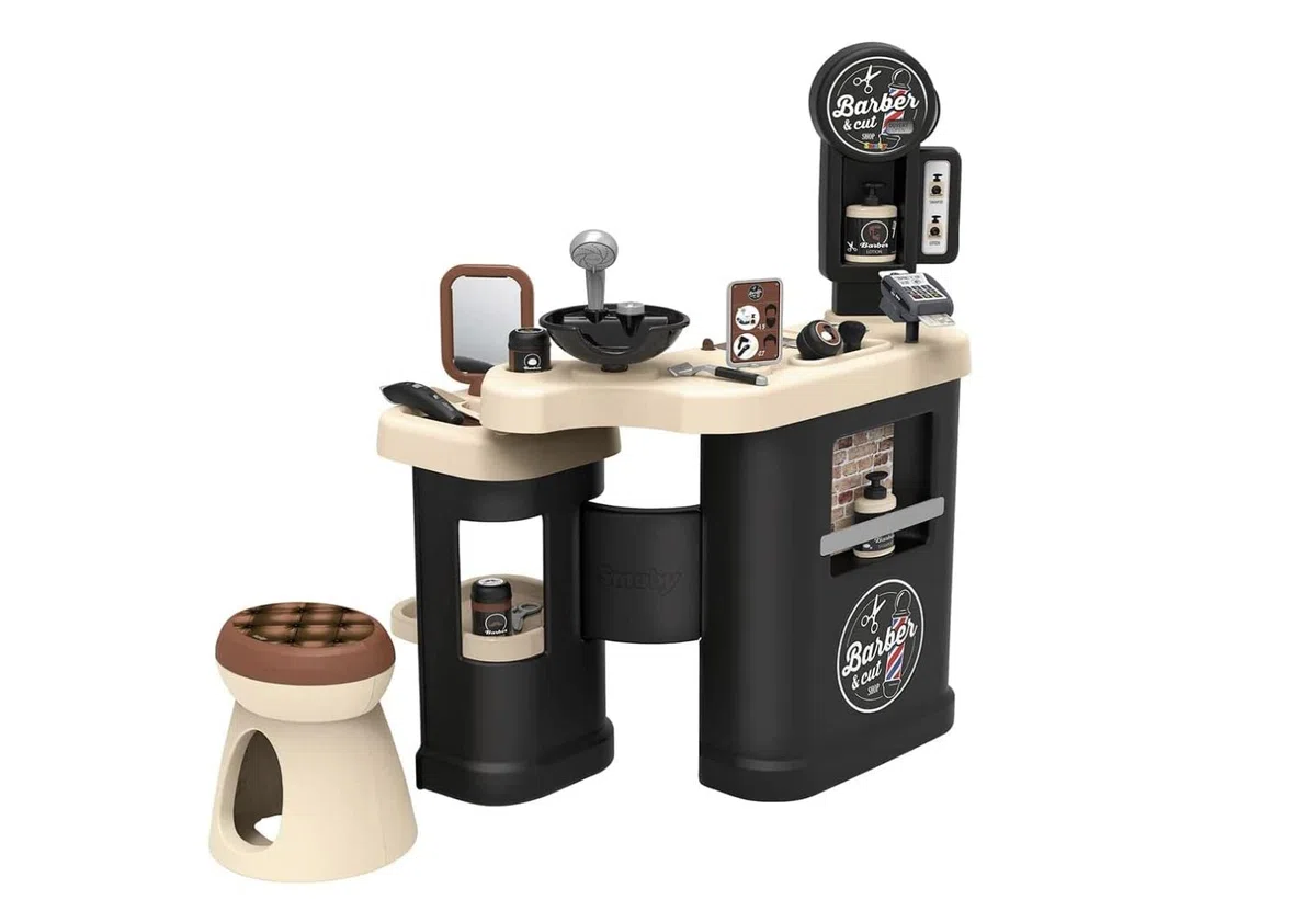 Smoby - Barber & Cut - Barber Shop - Jouet d'Imitation Barbier - Coiffure + Shampoing + Comptoir Marchand - 19 Accessoires + Tabouret - A Partir de 3 Ans - Fabriqué en France