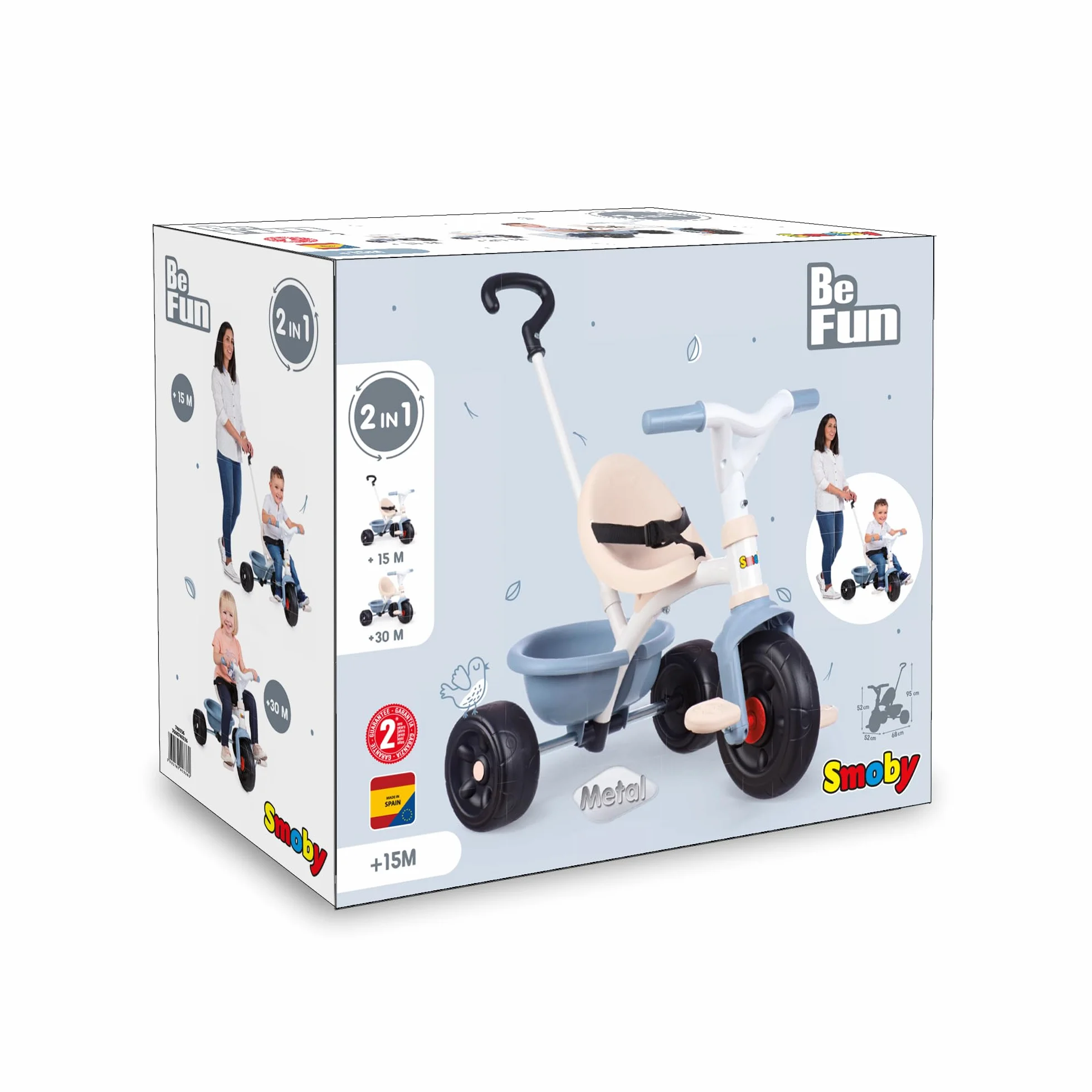 Smoby - Tricycle Be Fun Bleu - Canne Parentale Réglable Jusqu'à 95 cms et Amovible - Ceinture de Sécurité - A Partir de 15 Mois - Fabrication Espagnole