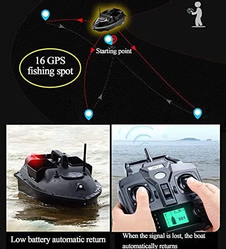 Bateau à appâts GPS avec détecteur de poissons, double moteurs, télécommande de 500 m, 3 catapultes d'appâts et 16 repères de localisation pour la pêche à la carpe