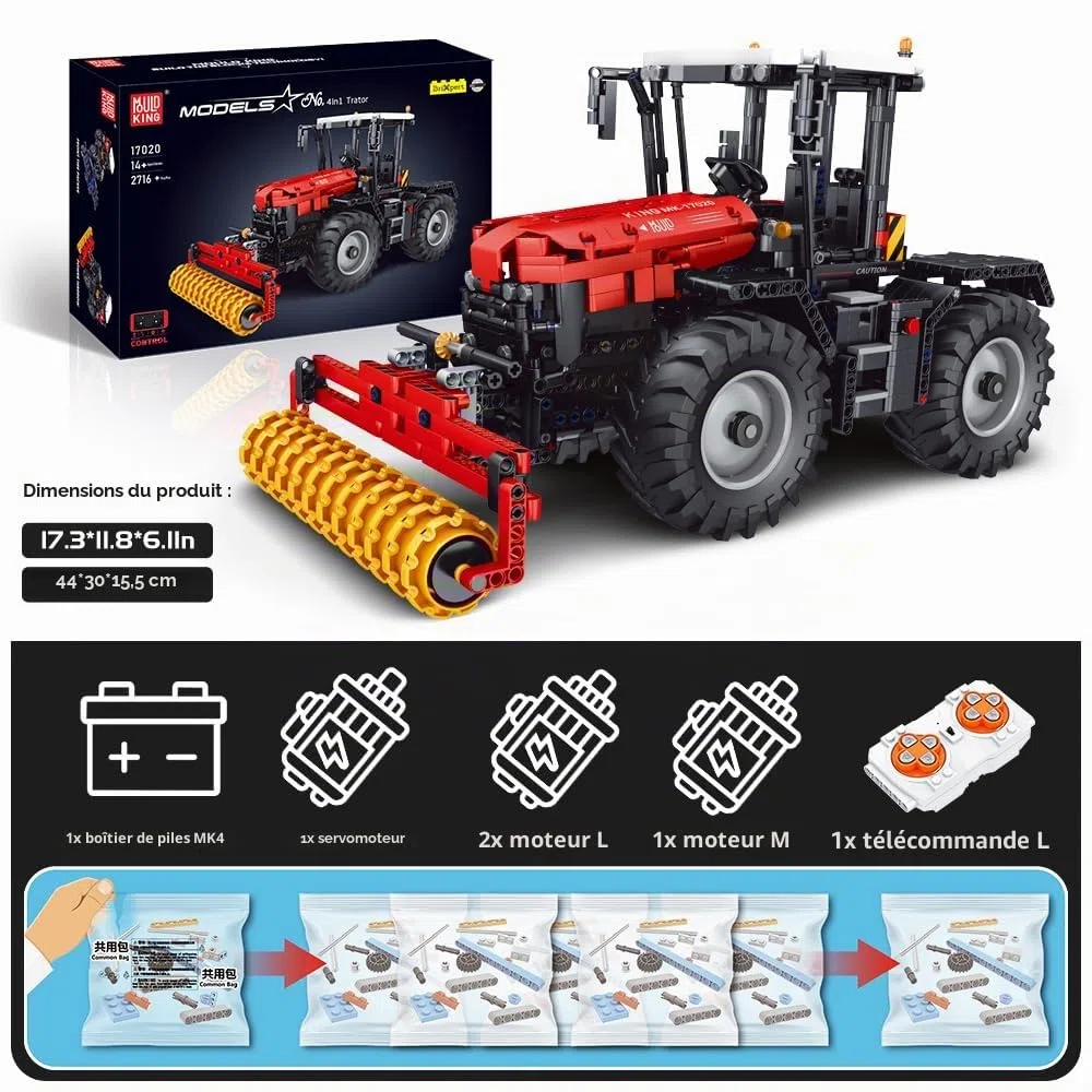 Mould King 17020 Technique 4 en 1 Télécommandés Blocs de serrage Tracteur avec 4 moteurs STEM Kit de modélisation pour les amateurs de machines agricoles (2716 pièces)