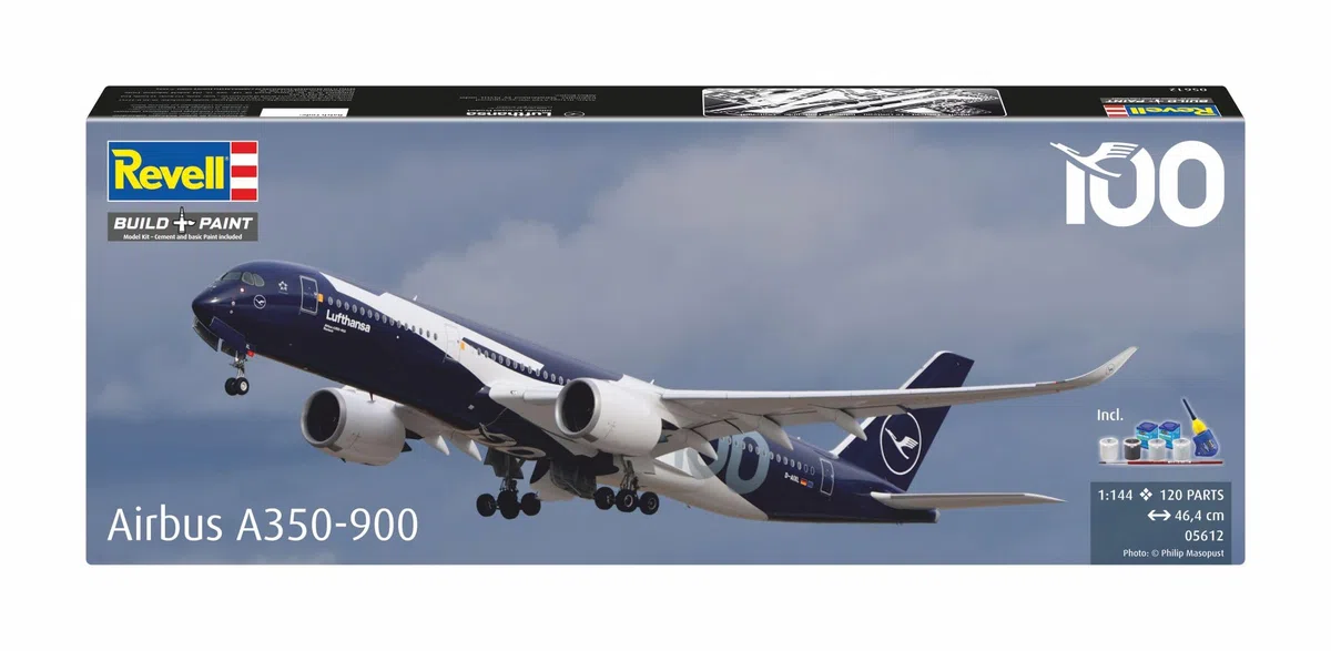 Revell Coffret cadeau 05612 A350-900 - Lufthansa 100 ans, échelle 1/144, kit de maquette en plastique non construit avec accessoires