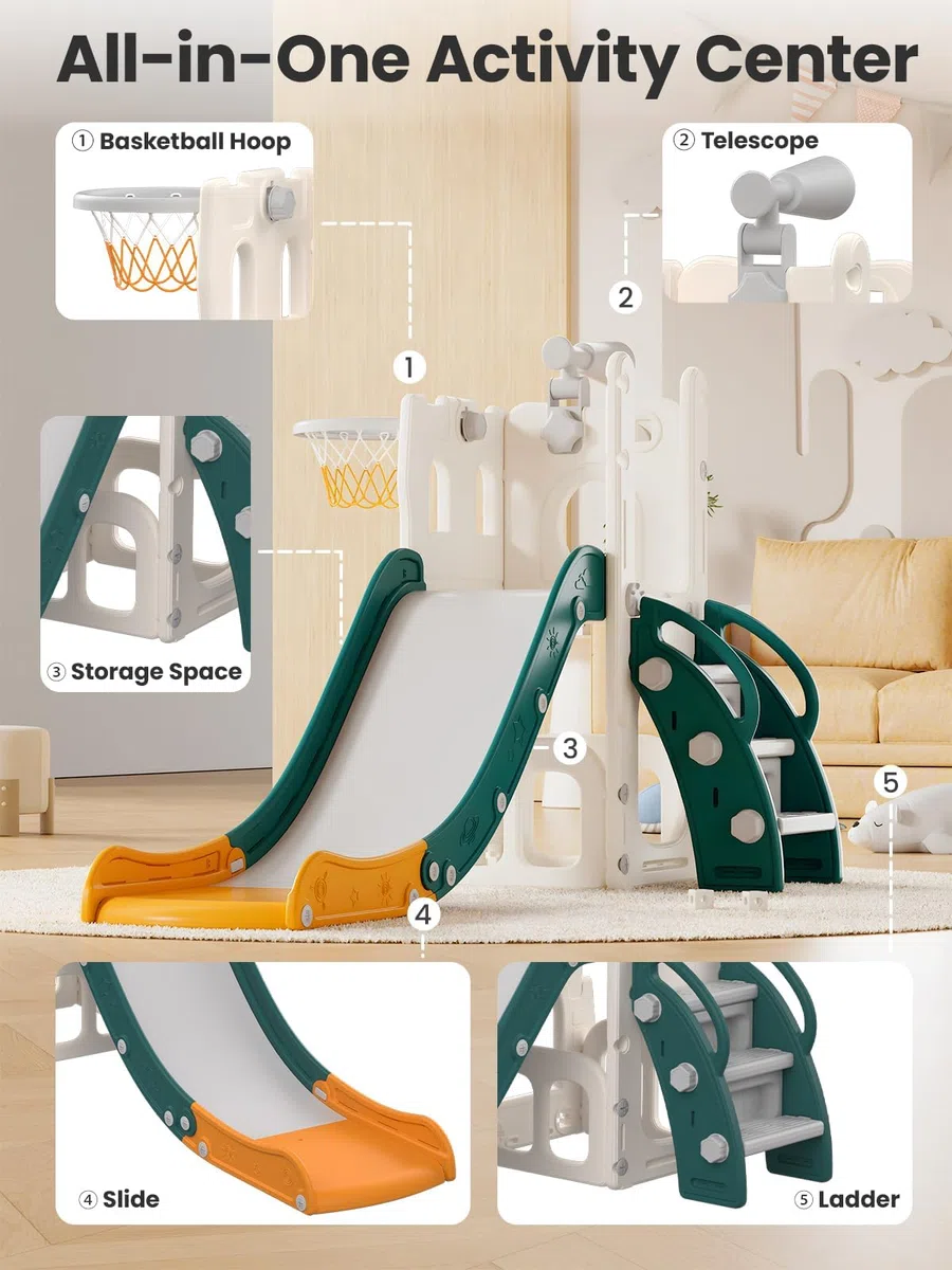 Toboggan pour Enfants avec Panier de Basket, Ballon & Télescope Jouet, Aire de Jeu Intérieure et Extérieure pour Tout-Petits et Préscolaires(Vert)