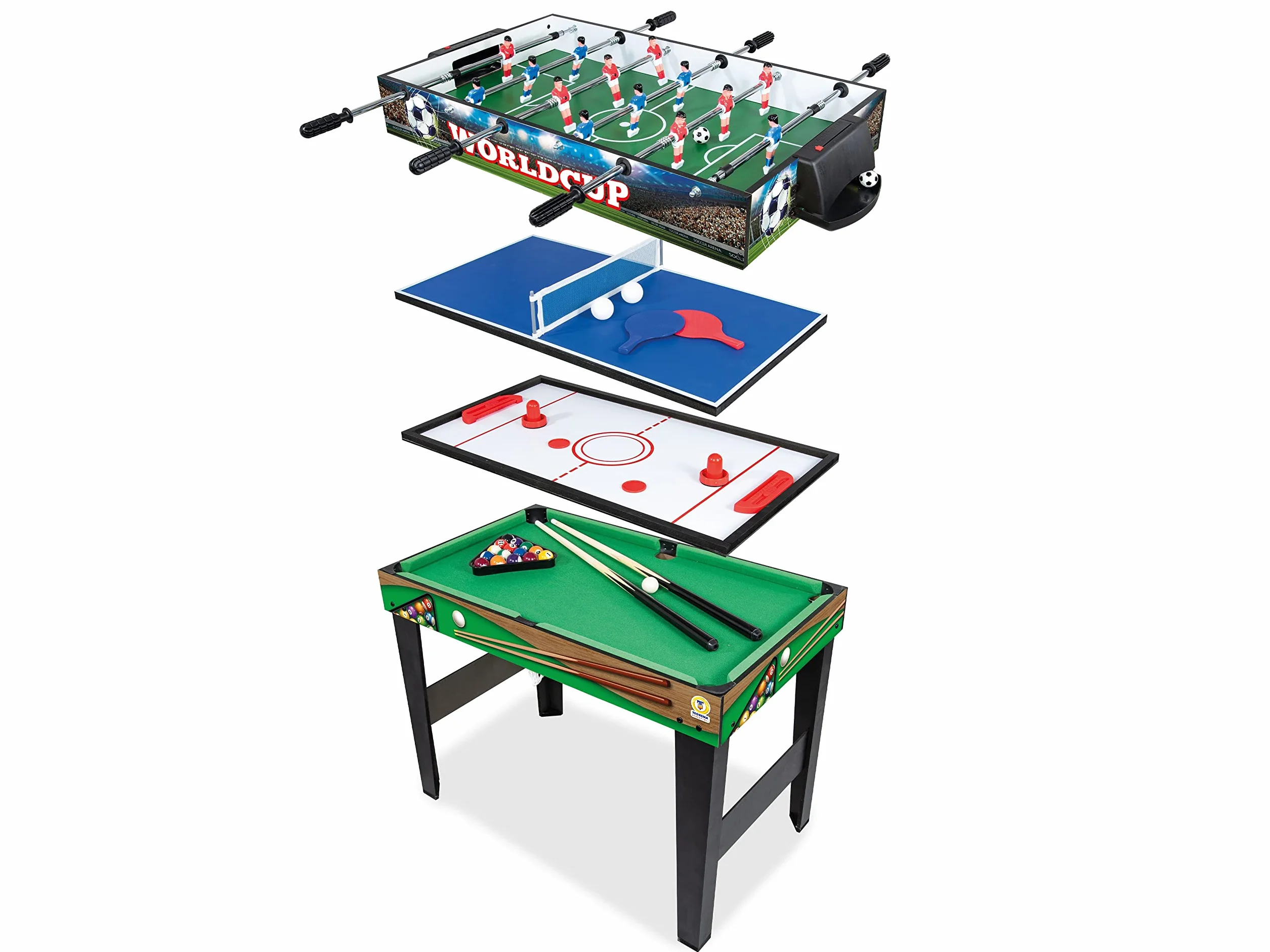 Teorema Giocattoli - Table de Jeu 4 en 1 en Bois, Football, ping-Pong, air Hockey, Billard, Dimensions 96 x 86 x 68 cm, 67359