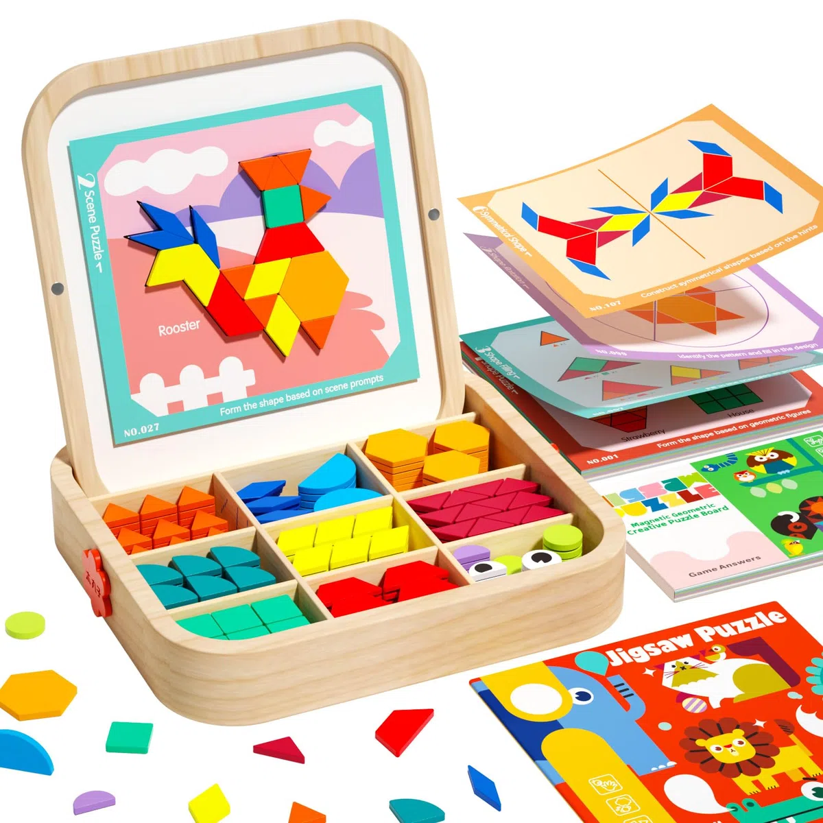 Jeu de Blocs magnétiques en Bois avec Cartes, 288 pièces, Puzzle Tangram Montessori, Jouet d'apprentissage pour Les Enfants de 3 à 5 Ans, Cadeau éducatif STEM pour garçons et Filles de 3 à 5.