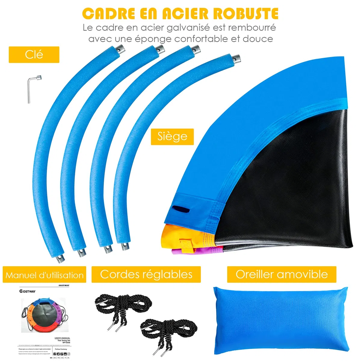 COSTWAY Balançoire Nid d'Oiseau Ø100 CM, Charge Max 150 KG, Balançoire Ronde pour Enfants et Adultes, Hauteur Réglable 100-180 CM, pour Jardin, Aire de Jeux (Coloré)