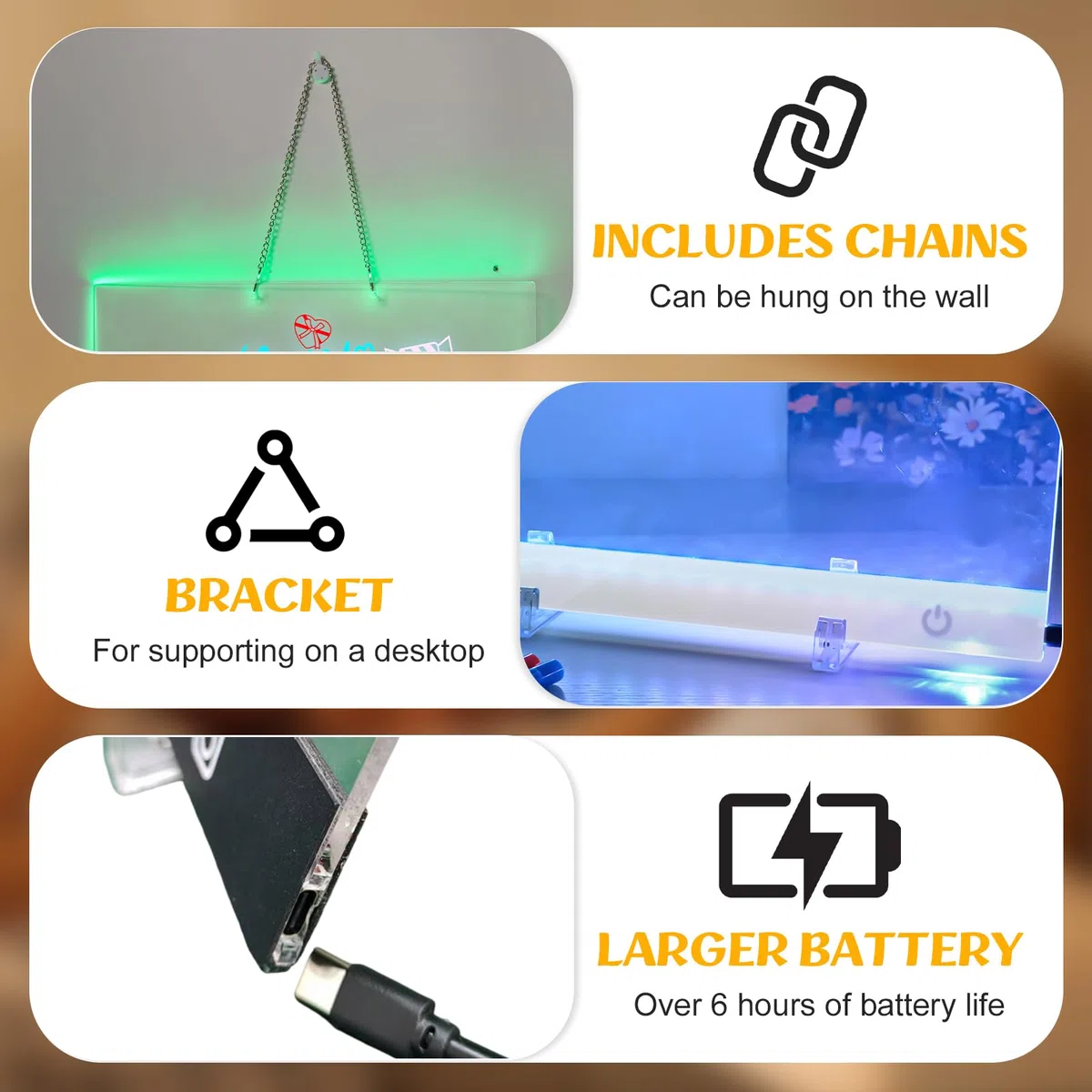 LE-D - Tableau à dessin LED - Rechargeable - 35 x 25 cm - Avec 10 modes d'éclairage - À suspendre - Avec chaîne de suspension et support - 7 couleurs - Cadeau - Blanc