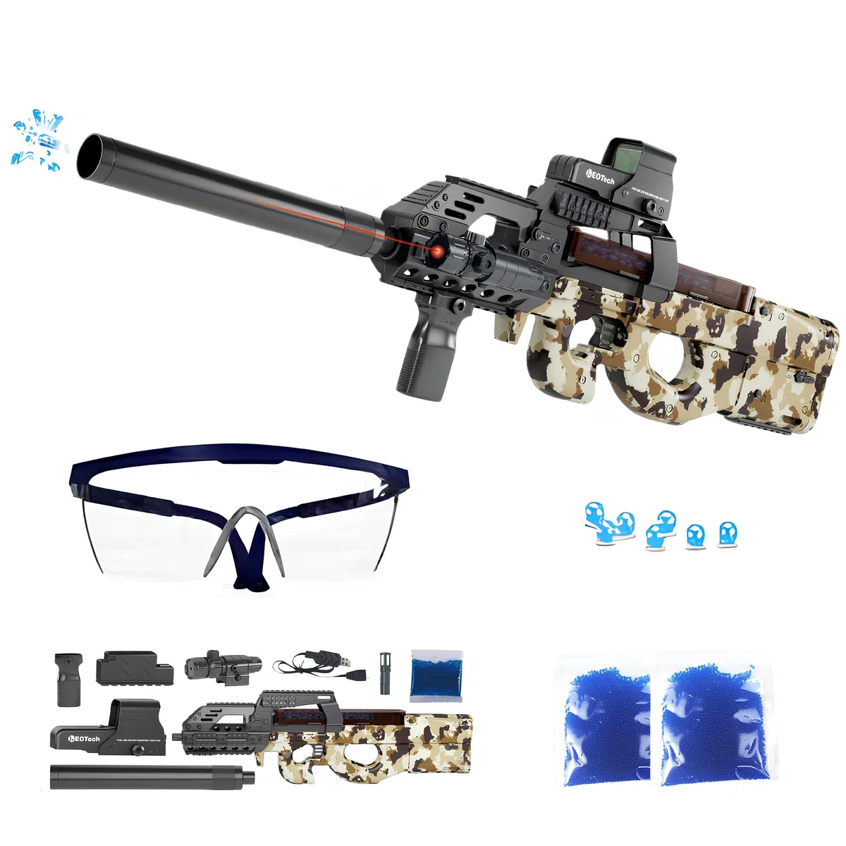 Gel Blaster Gun P90 – Pistolet à Bille Eau Electrique Automatique – 20000 Balles et Lunettes – Watersoft Puissant Fusil Arme Mitraillette - Adulte Gelfire Water Gun