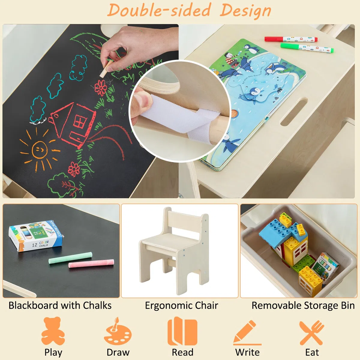HOMASIS 6 en 1 Tente avec Table à Dessin & Chaise, Maison de Jeu en Bois Intérieur avec 1/6 Boîte de Rangement, Cabane Enfant avec Tapis pour Enfants 2-6 Ans (131x98x113cm)