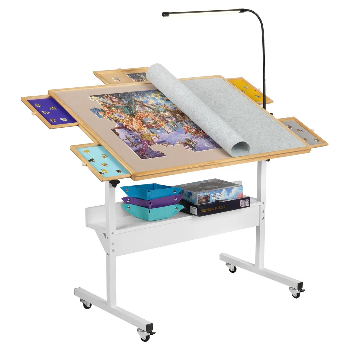 Tektalk Table de Puzzle avec lumière LED, Plateau en Bois avec Couvercle, fermé avec 4 roulettes, jusqu'à 1500 pièces