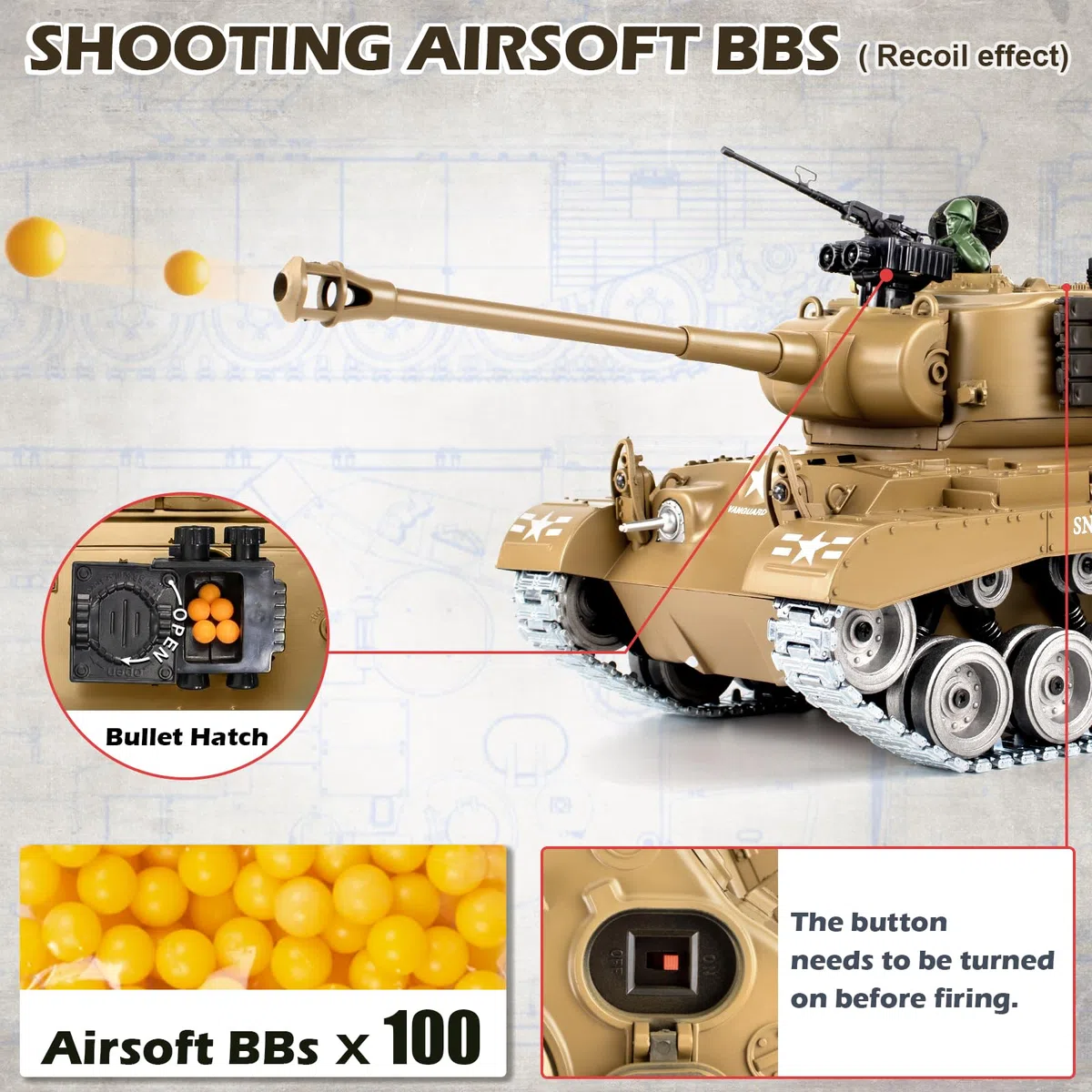 Supdex Sudex 1:18 RC Tak, 2.4Ghz US M26 Perhig Télécommande Army Tak That Shoot BBS ad Water Bom