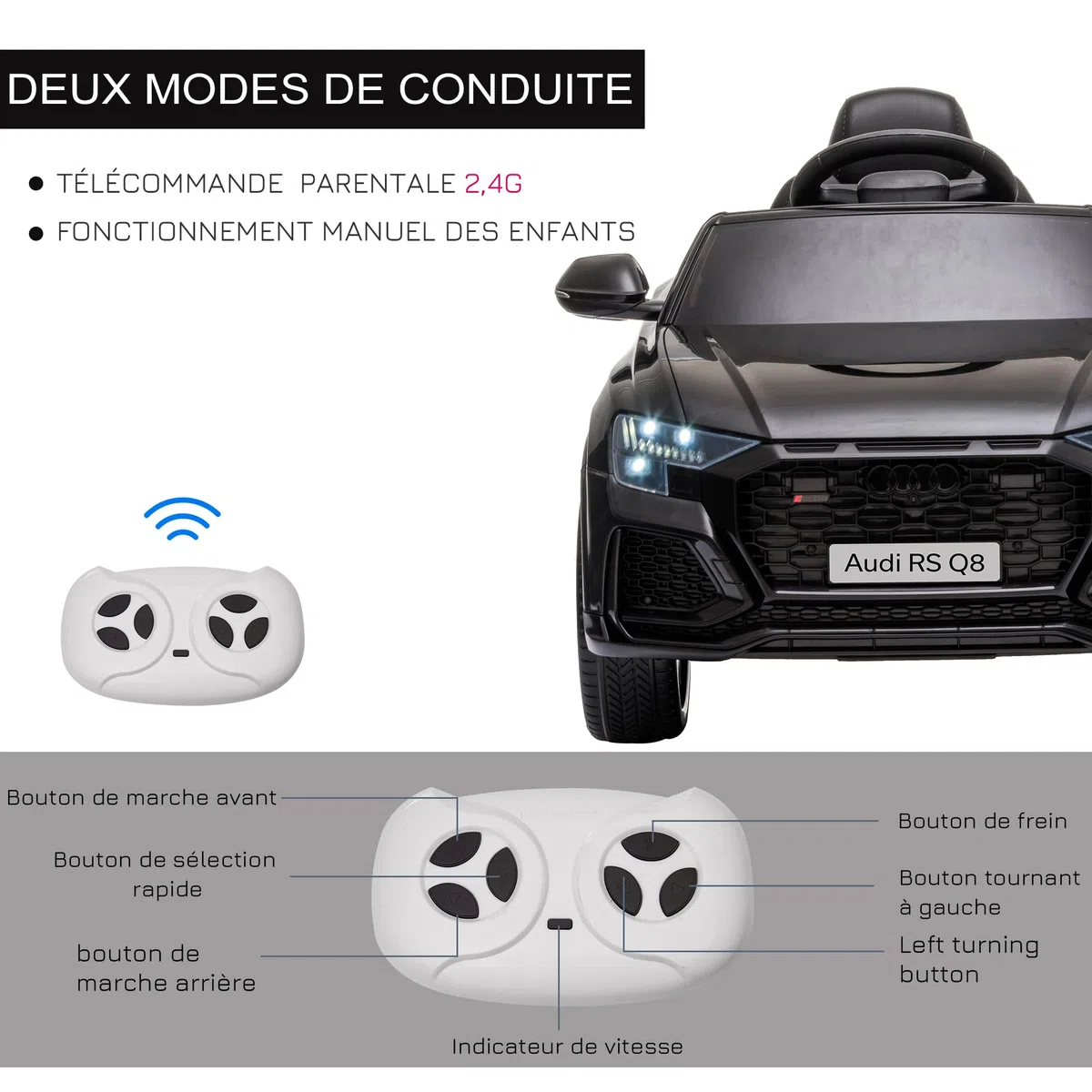 HOMCOM Voiture électrique Enfants sous Licence Audi RS Q8, Voiture à Batterie 6 V, véhicule électrique avec télécommande, USB, Musique, Bluetooth, pour Enfants de 3-5 Ans, Noir