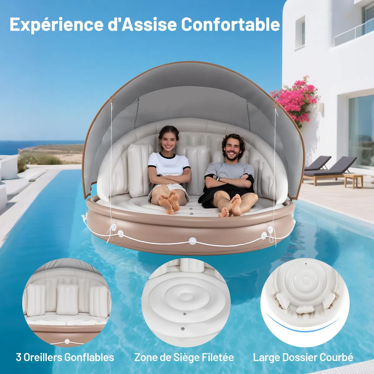 GOPLUS Lit Flottant Gonflable 2-3 Personnes avec Auvent,Ile Gonflable Flottuer Geant pour Piscine,Plage,Terrasse,Charge Max 180 KG,186X186 X 155 CM sans Souffleur