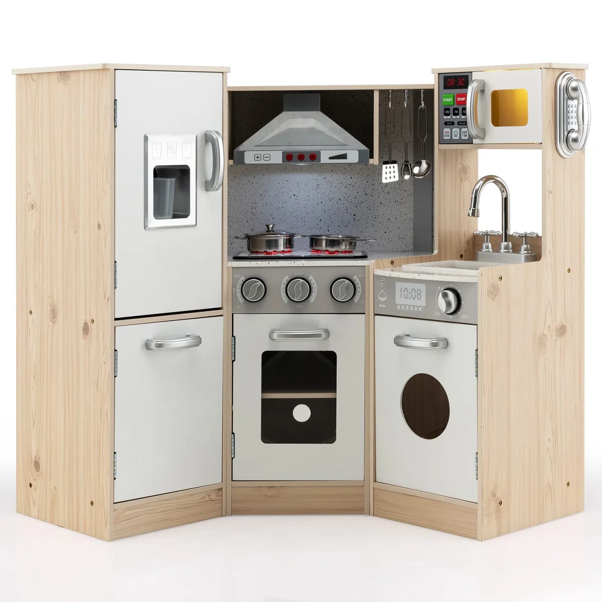 HOMASIS Cuisine pour Enfants en Bois avec Lumière et Son - Set de Jeu avec Lavabo, Cuisinière, Four et Accessoires - Cuisine d'Angle