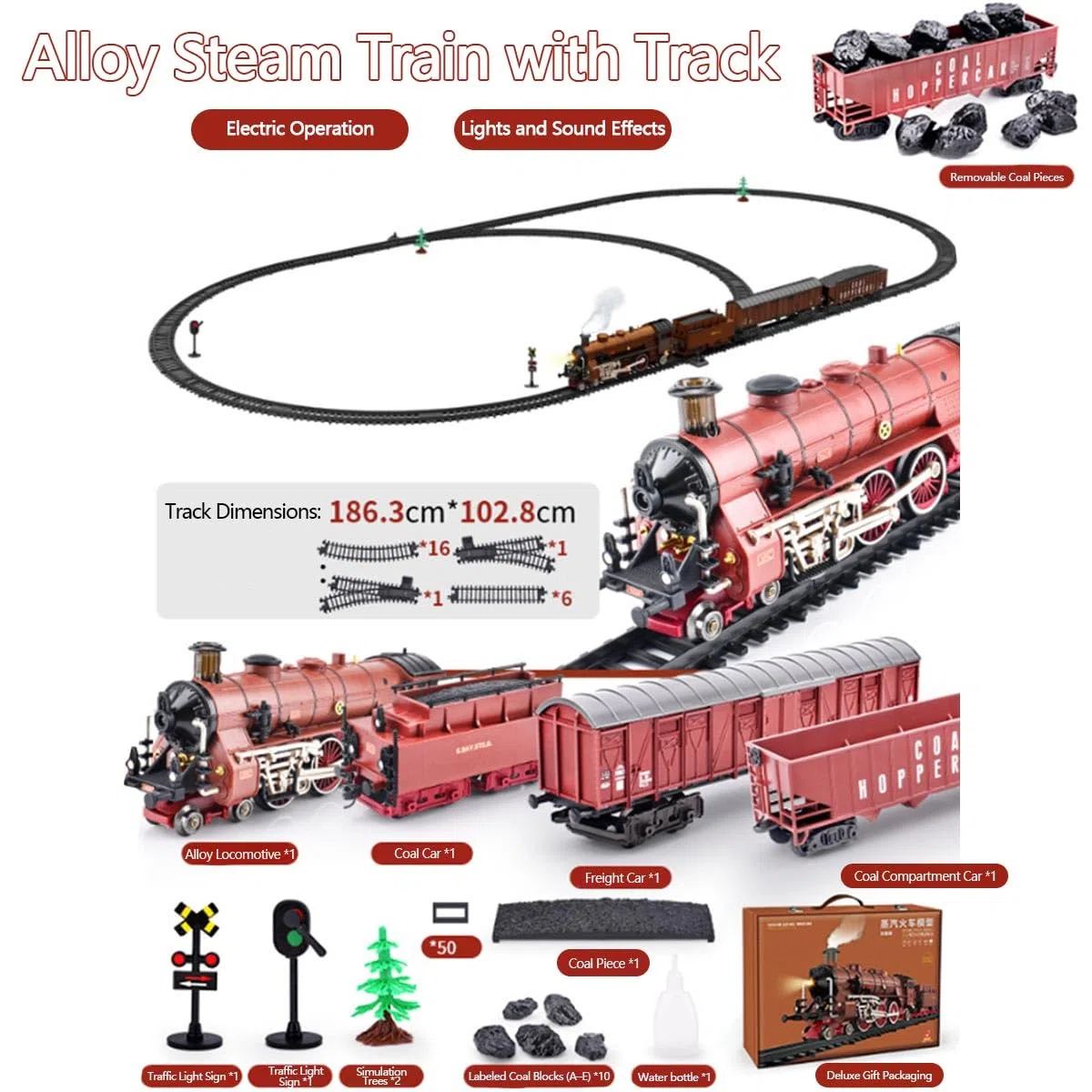 Ensemble de train électrique, modèle de locomotive en alliage avec wagon et longue voie, sifflet/contrôle de la fumée, cadeau amusant pour adolescents et adultes (modèle 22918/rouge)