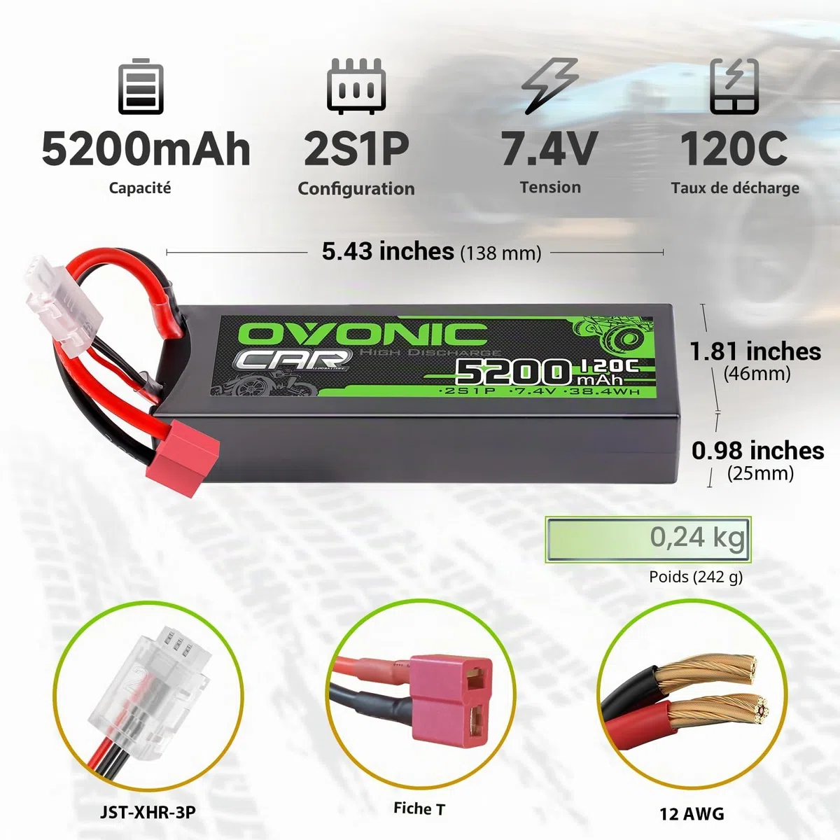 OVONIC Batterie Lipo 2s 7,4 V 5200 mAh 120 C avec Prise Deans T Plug Lipo pour Voiture RC Camion Truggy Quadcopter hélicoptère Camion Bateau Avion (2 pièces)
