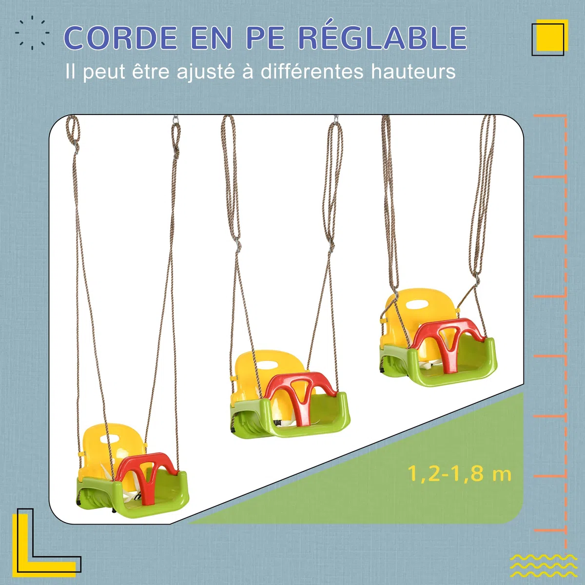 Outsunny Balançoire siège 3 en 1 évolutif pour Enfant avec Dossier et Barre en T Amovibles - de 9 à 36 Mois - intérieur extérieur - Hauteur Ajustable Vert