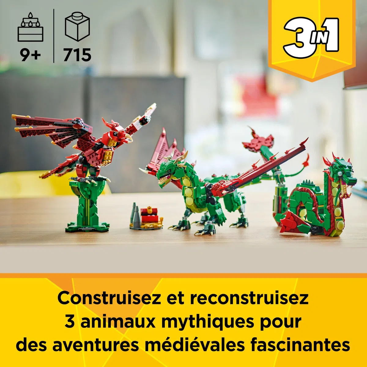 LEGO Creator 3-en-1 Le Dragon médiéval - Se transforme en Serpent de mer ou en phénix - Jeu de Construction pour garçons et Filles Amoureux des Animaux - Idée de Cadeau d’Anniversaire dès 9 Ans 31161