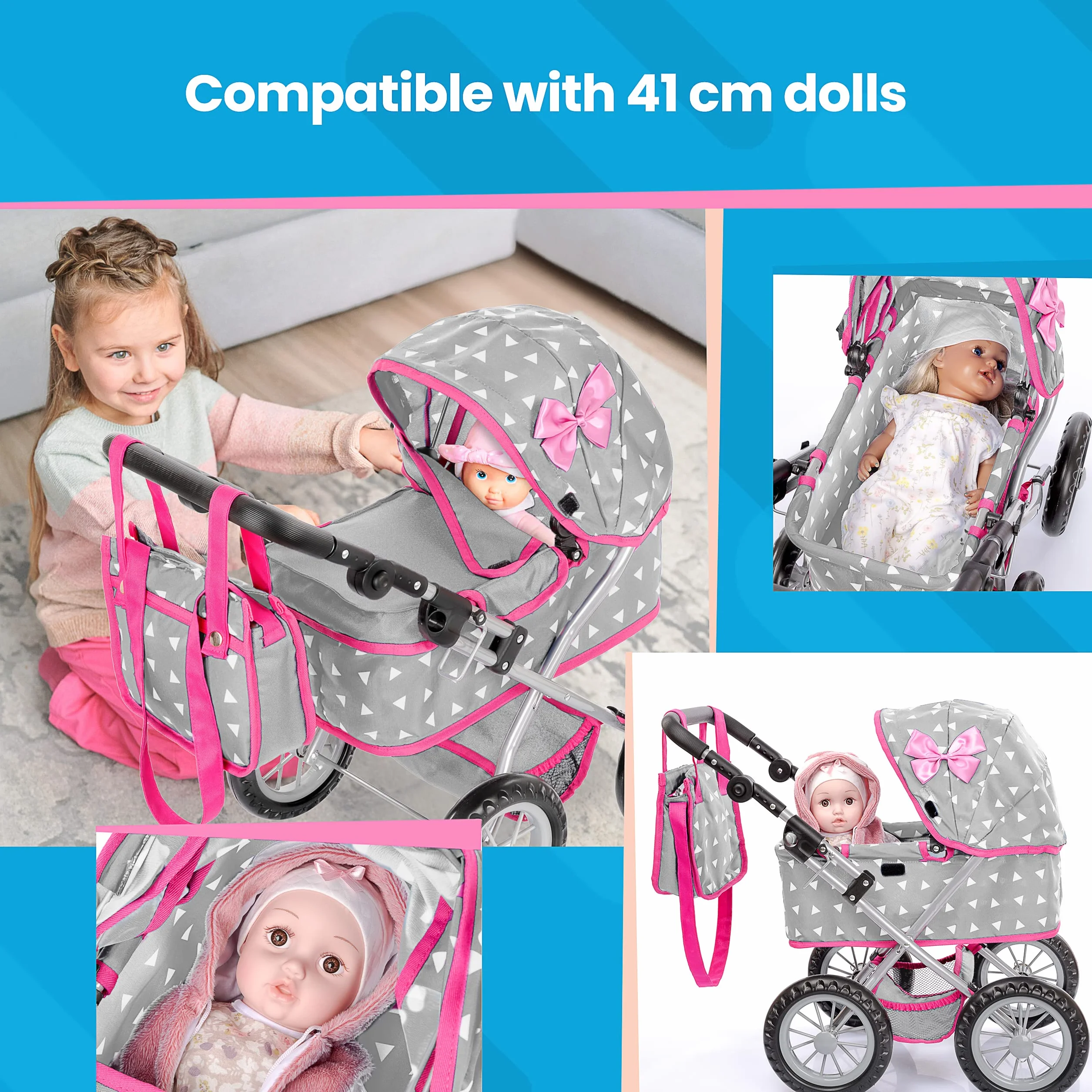Kinderplay Poussette Poupee, Poussette Jouet - Poussette Landeau Bebe pour Poupée, Gondola, Poignée Hauteur Entre 33 et 63 cm, Ce Landau Est Plus Facile à Pousser pour Les Enfants (KP0261S)