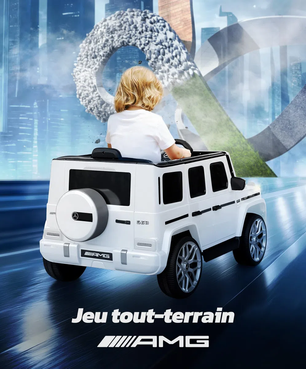 ELEMARA Voiture Électrique Enfant Mercedes Benz AMG G63,Voiture pour Enfant avec télécommande parentale,Camion électrique à Conduite,Suspension Ressort,Lumière Clignotante/LED,Bluetooth,Musique,Blanc