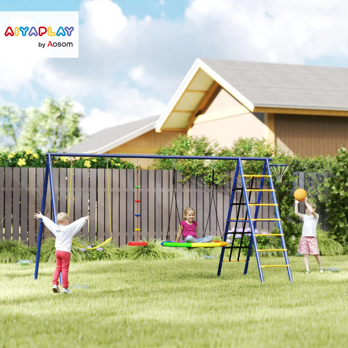 AIYAPLAY Portique Balancoire Exterieur 6 en 1 3 Balançoires Métal 160 kg | Balançoire Enfant Extérieur, Panier de Basket, Échelle d'Escalade et Filet, pour Enfants 3-8 Ans, Multicolore
