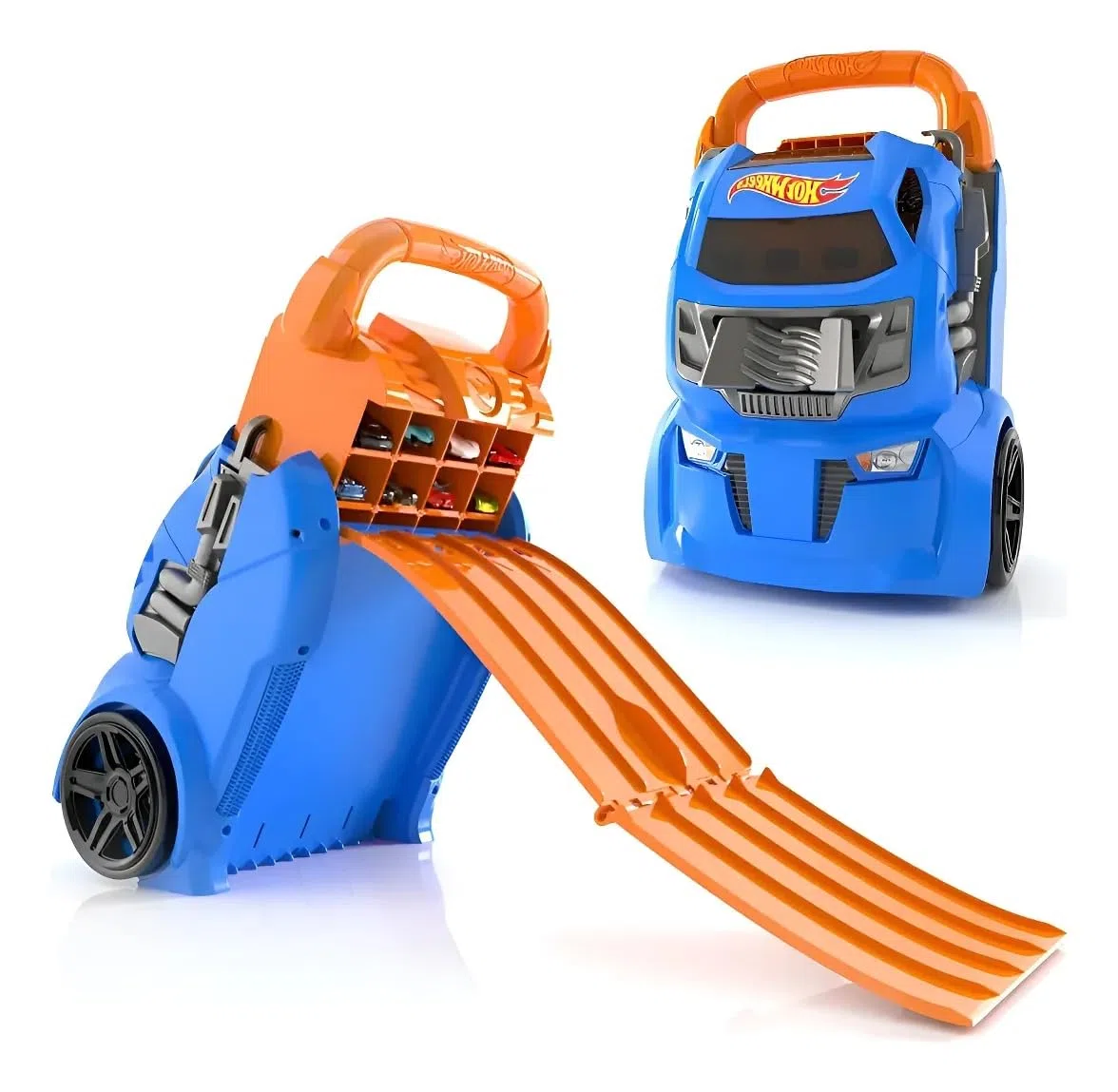 Cefa Toys HWCC14 Mallette de Protection de Voiture Lanceur Hot Wheels 2 en 1 avec capacité pour 20 Voitures. 4 Pistes différentes, Multicolore