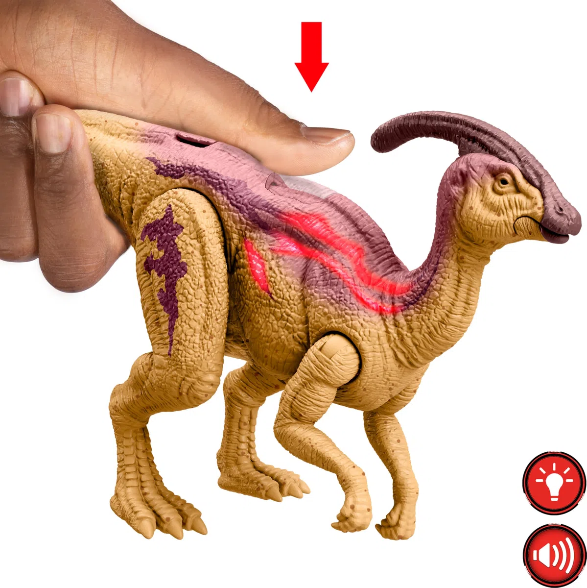 Mattel Jurassic World: La théorie du chaos Netflix - Parasaurolophus Rugissement Féroce Figurine de dinosaure avec colonne vertébrale effet bioluminescent et son, jouet articulé, HTK75
