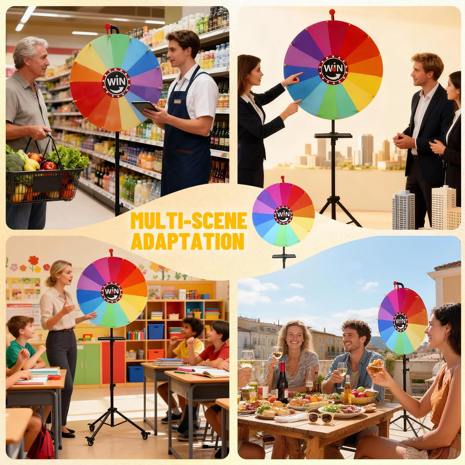 Roue porte-bonheur de 60 cm à tourner, 14 emplacements, jouet avec marqueur effaçable à sec et gomme, roulette pour fête, loterie, foire et promotion des ventes