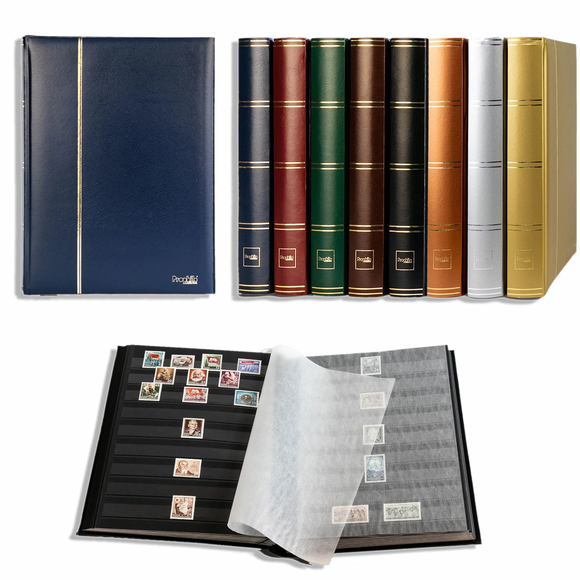 Prophila Classeur Album pour Timbres, 60 Pages, intérieur Noir (couv. Bleu)