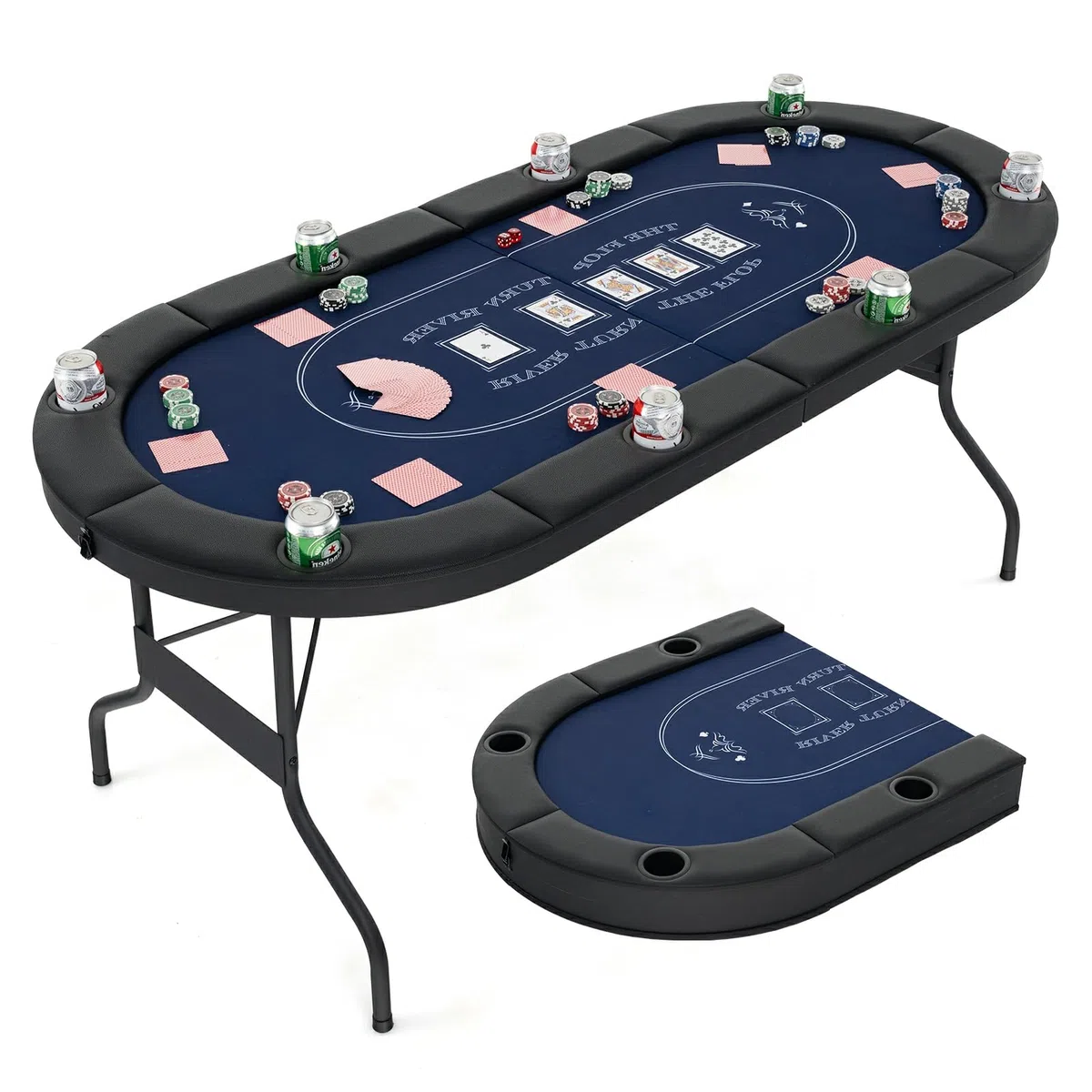 HOMASIS 182 x 82cm Table de Poker Pliable 8 Joueurs, avec 8 Porte-gobelets en Métal, Rampes Rembourrées pour Jeu de Cartes Jeu de Société, Table de Jeu pour Soirée en Famille, Salle de Jeux (Bleu)