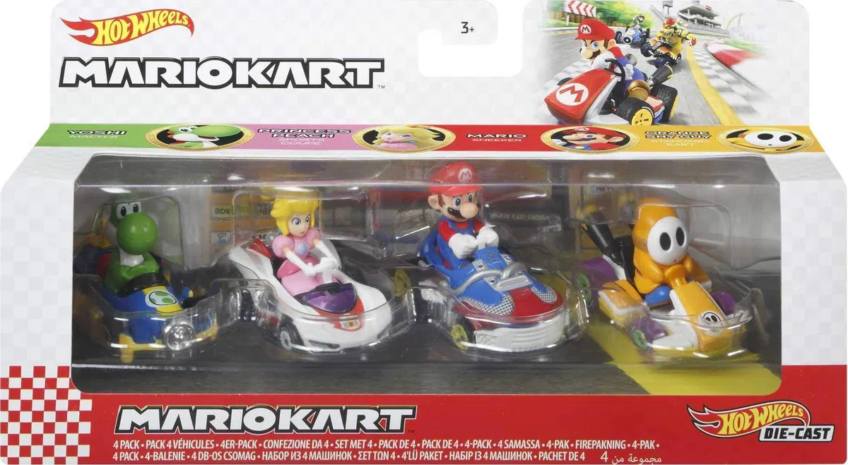 Hot Wheels Mario Kart Coffret 4 Mini-véhicules Yoshi, Peach, Mario et Maskass échelle 1:64, inspiré par Les Voitures du Jeu, Jouet pour Enfant, GWB38