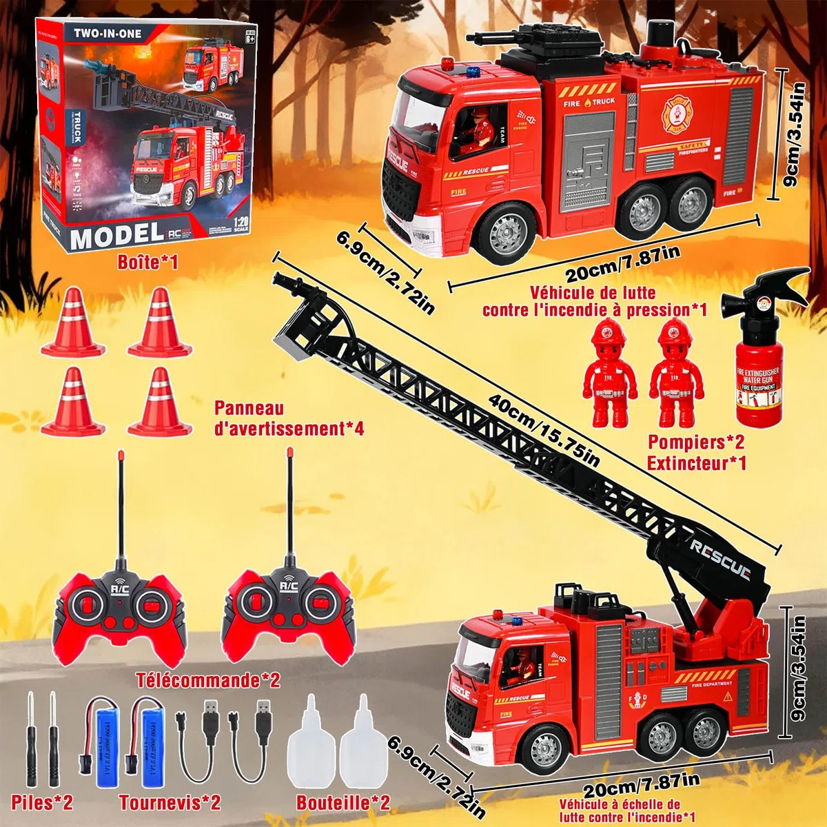 2 Camion Pompier Enfant, Voiture Pompiers Telecommandé avec Pulvérisation d'eau Lumière, Échelle Pivotante, Son Fonction et Pompiers, 2,4GHz Camion Pompier Enfant de 6-12 Ans