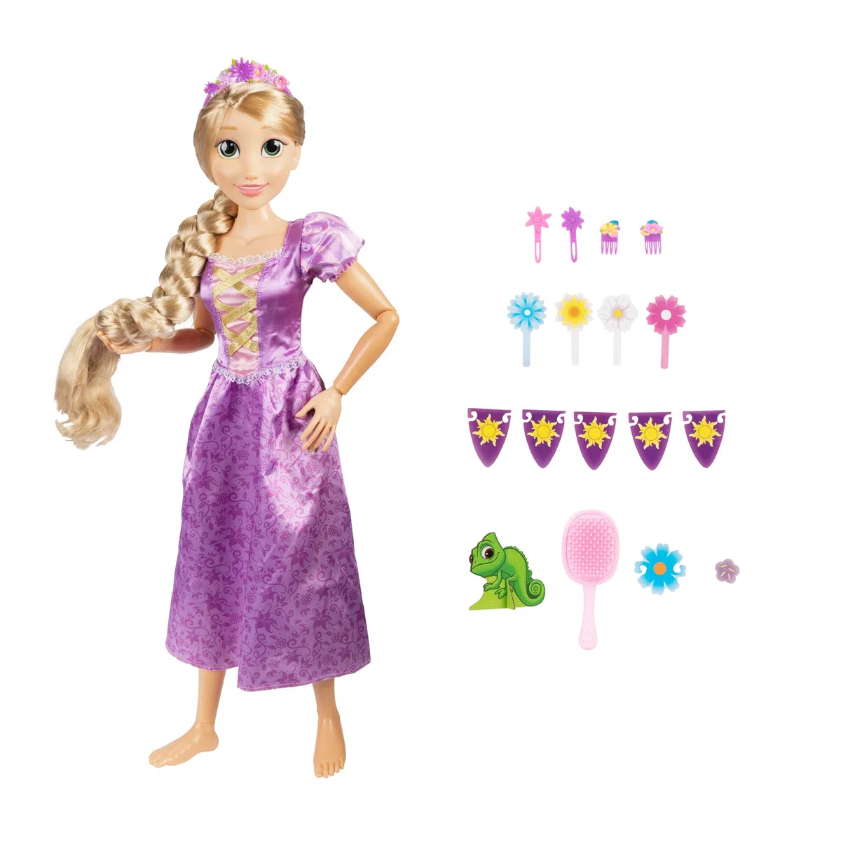 Disney Princesses - Grande Poupée Articulée Raiponce avec Accessoires - 80 Cm - Tresse Soyeuse - Licence Officielle - Posable - Accessoire coiffures Inclus - Cadeau Poupée Enfant - 3 Ans +
