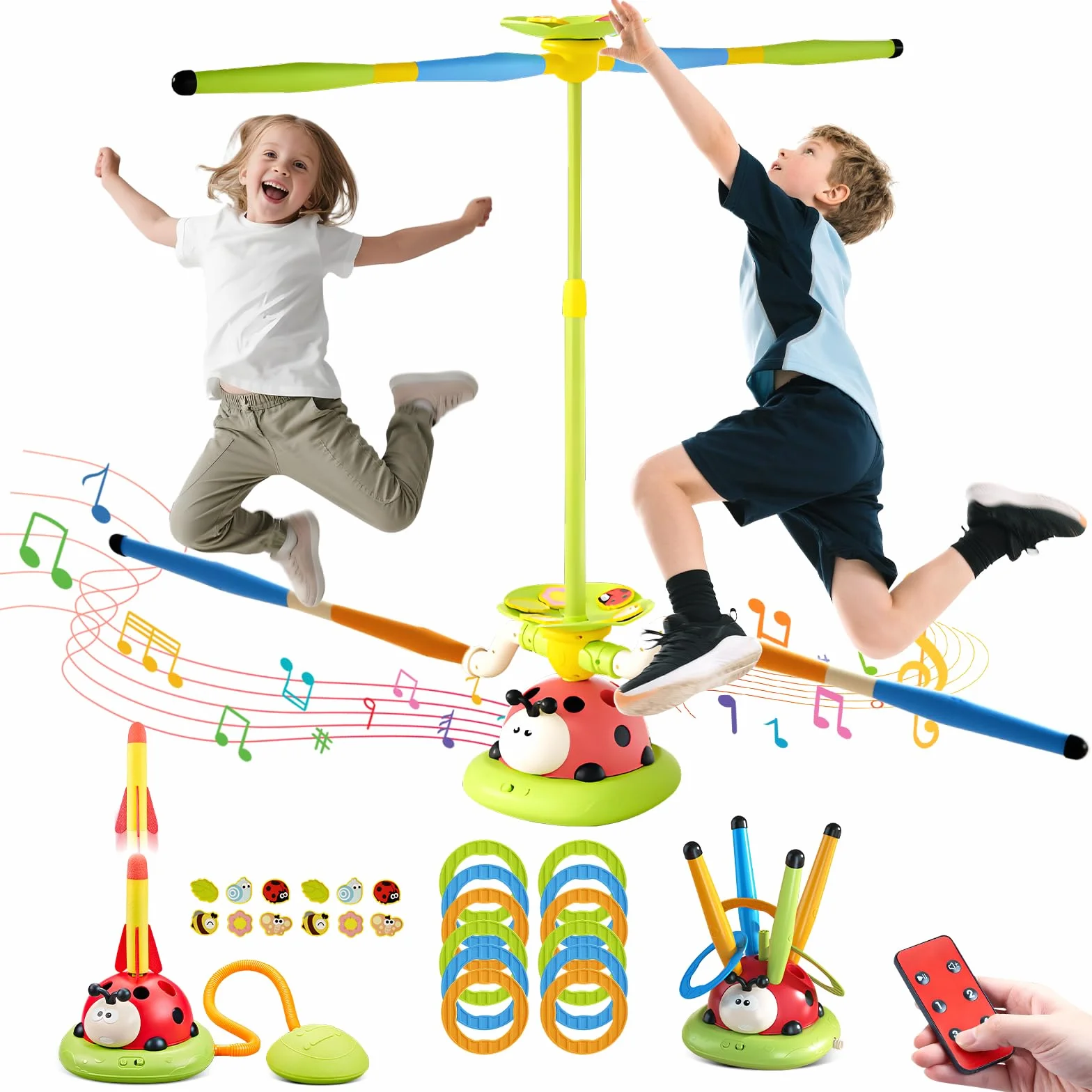 RoserRose 5 en 1 Jeux Exterieur Enfant, Jouet Fusée, Corde à Sauter, Lancer d’Anneaux, d'Esquive et de Saut, Jouet Exterieur Enfant avec Télécommande, Cadeaux pour Garçons Filles 3 4 5 6 7 8 Ans