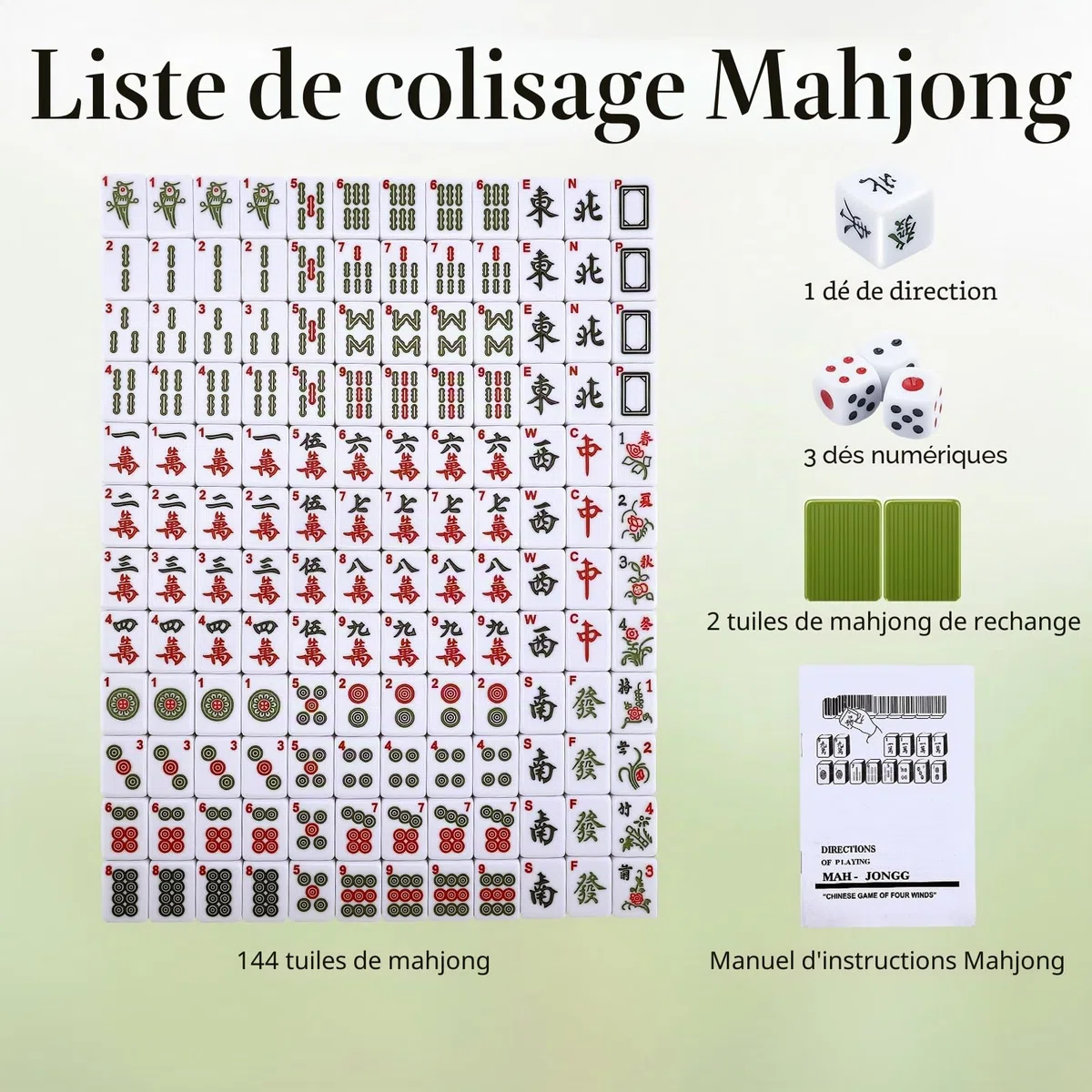 Lot de Pierres Mahjong de 30 mm avec 146 tuiles et 2 dés, Vert majong Chinois Classique, avec Emballage Cadeau Exquis