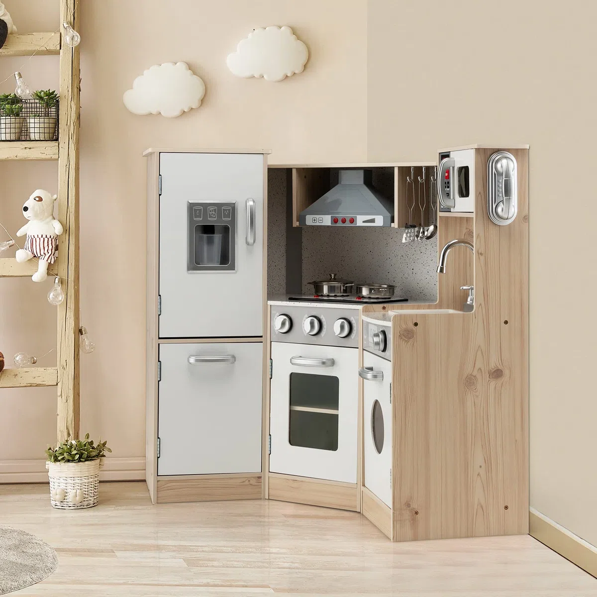 DREAMADE Cuisine Enfant de 3+ Ans, avec Micro-Ondes, Cuisinière, Téléphone, Cuisine en Bois avec 5 Accessoires, Équipé Sonore et Lumineuse, (Blanc + Naturel)