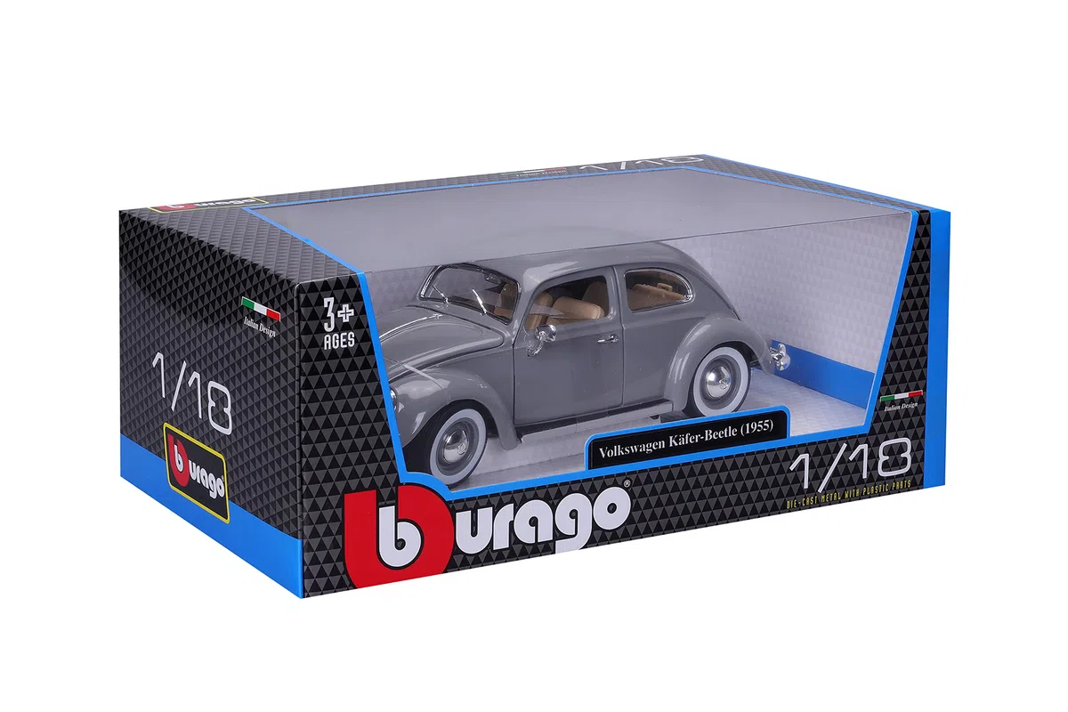 Bburago – 1/18 Volkswagen Coccinelle KAFER Beetle 1955 – Voiture Miniature Grise de Collection en métal – Véhicule rétro réaliste pour Enfants dès 3 Ans – 12029G