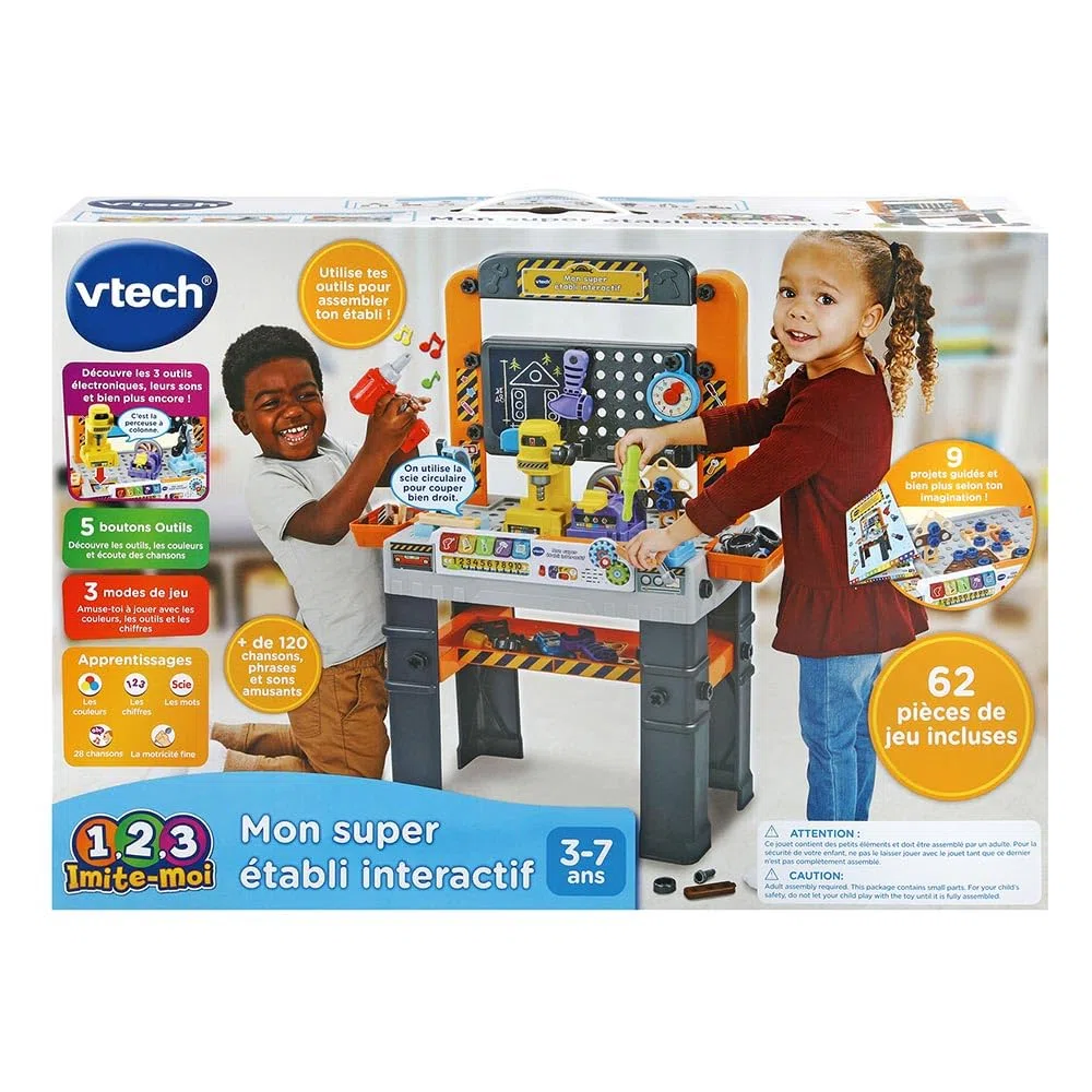 VTech - Mon Super Établi Interactif, Bricolage Enfant, Jeux Éducatifs, Jeu de Construction Autonome, 96 Pièces et Accessoires de Jeu, Cadeau Garçon et Fille de 3 Ans à 7 Ans - Contenu en Français