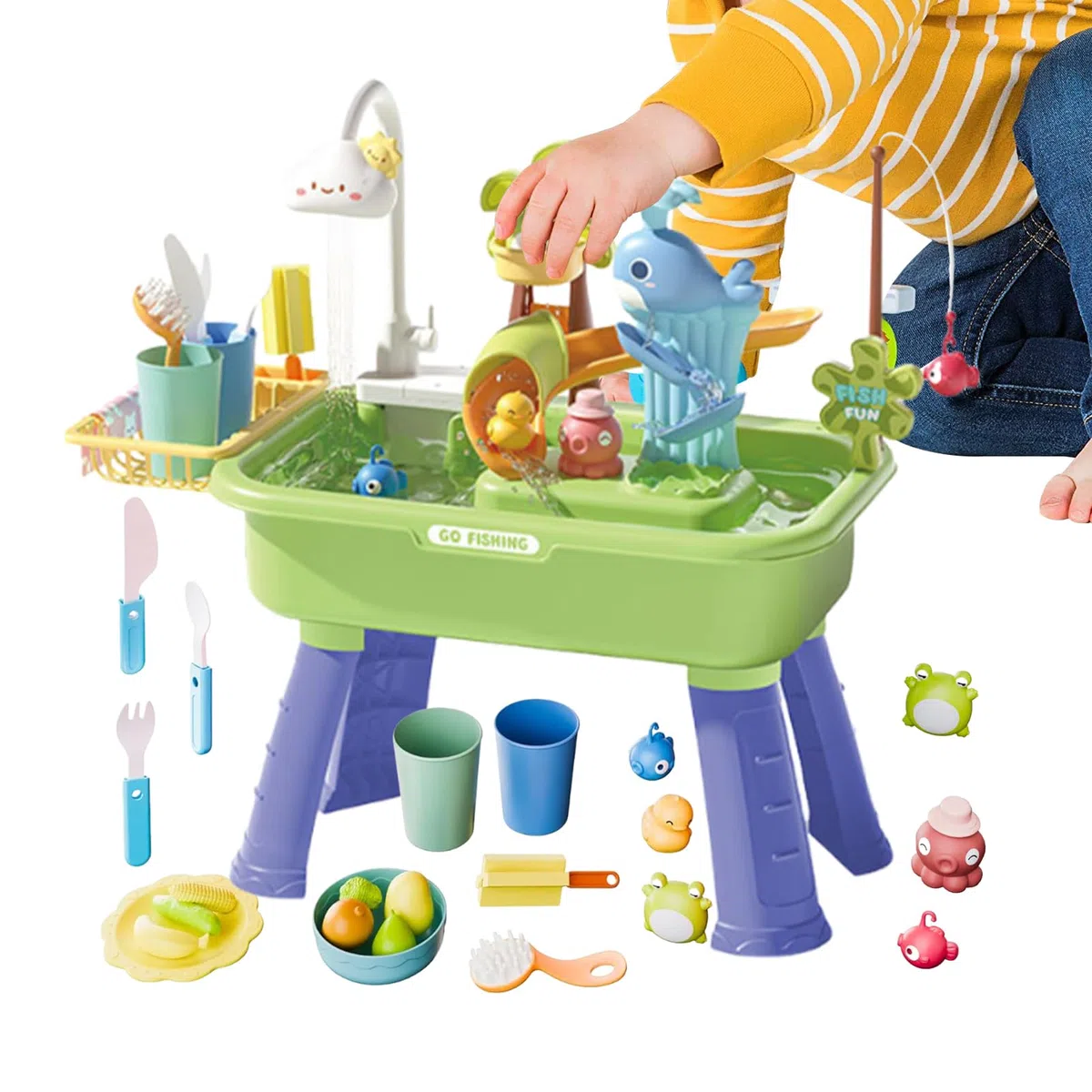 Générique Tables d'eau D'extérieur pour Enfant - Ensemble De Jeu De Pêche 4-en-1 avec Pompe Et Eau Courante pour Garçons Et Filles De 4 À 8 Ans, Jeux D'extérieur, Piscine, Anniversaire, Cadeau