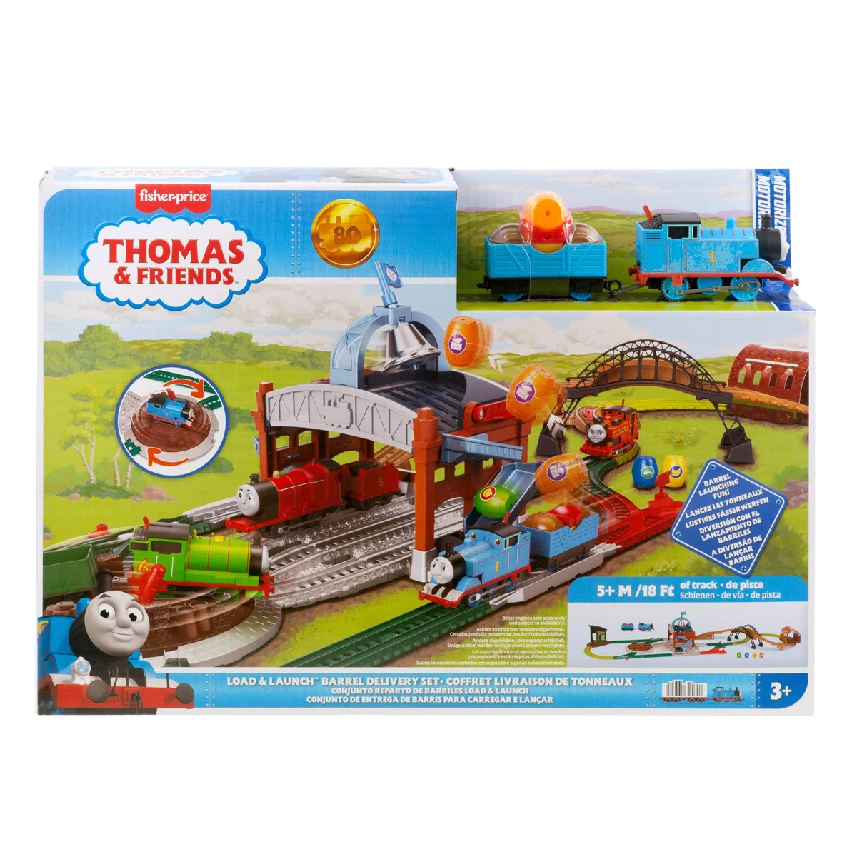 Fisher Price Thomas et Ses Amis Coffret Lancement de tonneaux motorisé avec Locomotive motorisée Classique et Wagon de Chargement, 5,5 mètres de Piste, JGY30