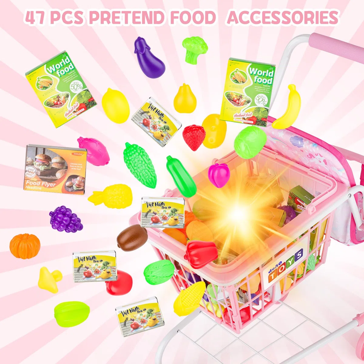 deAO Chariot de Courses pour Enfants 3 Ans+, Caddie Jouet avec Siège pour Poupée, 31 Aliments Jouets Billets Argent, Sac à Provisions, Jeu de Rôle Magasin, Cadeau Enfant Rose
