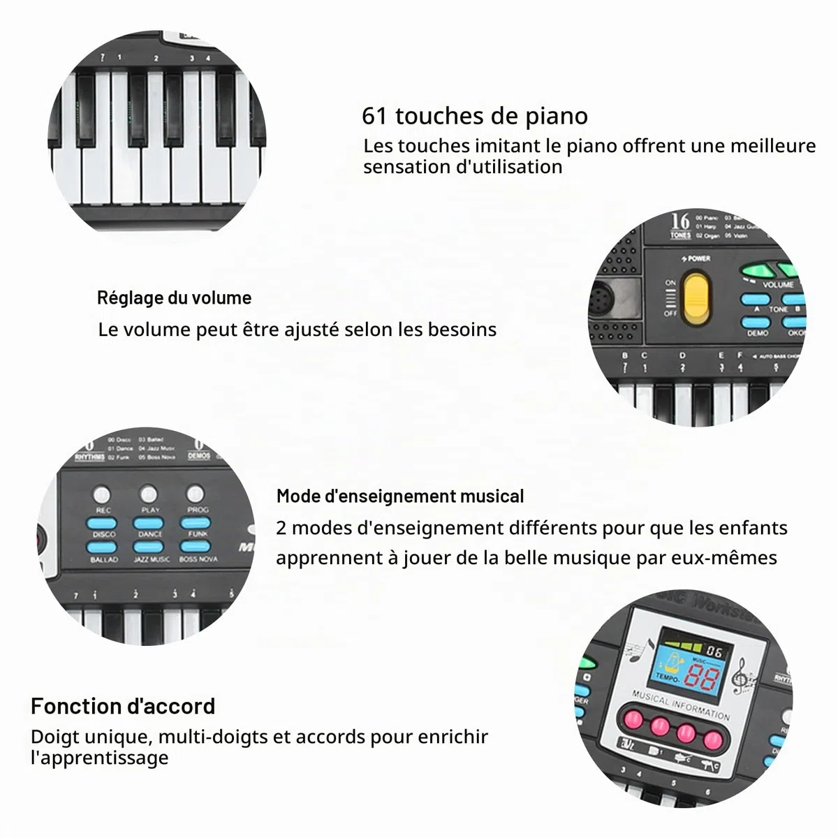 Piano électrique 61 Touches pour les Débutants avec des Caractéristiques Microphones et Polyvalentes