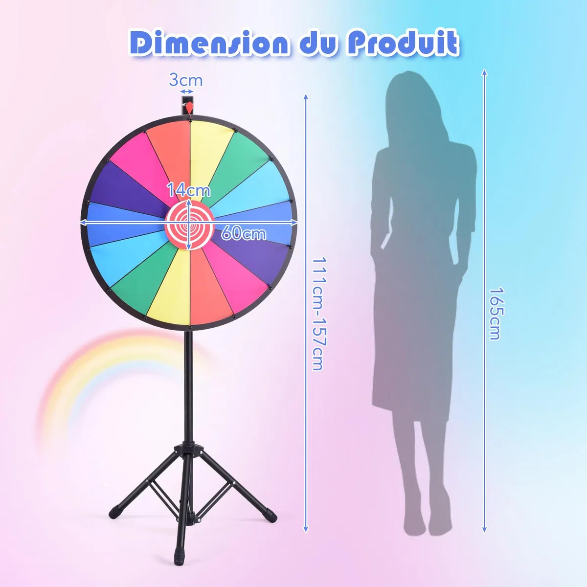 GOPLUS Roue de la Fortune 24 Pouces sur Pied, Prize Wheel 14 Grilles, Hauteur Réglable, avec Stylo Effaçable, Gomme et Pointeur, Trépied Stable et Antidérapant, pour Fêtes, Loterie et Activités