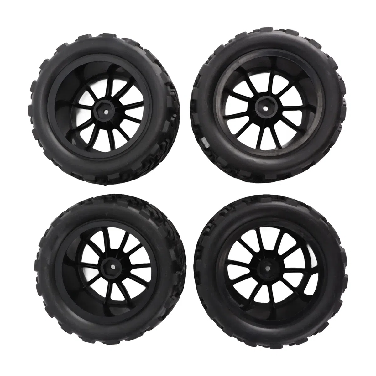 Socobeta Roues et Pneus RC 1/10, 4 Pièces RC Pneus de Voiture en Caoutchouc Noir RC Pneus et Roues Ensemble de Jantes Compatibles avec TRAXXAS Slash RC Short Course Truck 1/10